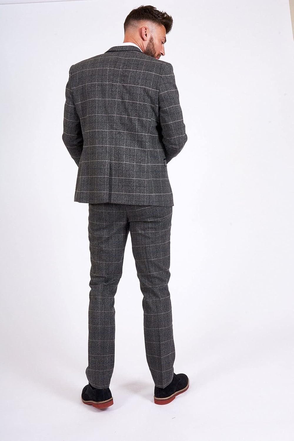 Premium Mens Checkered Tweed Slim Fit Tuxedo Prom Wedding Groom Plaid Suits Set Blazer Vest Pants