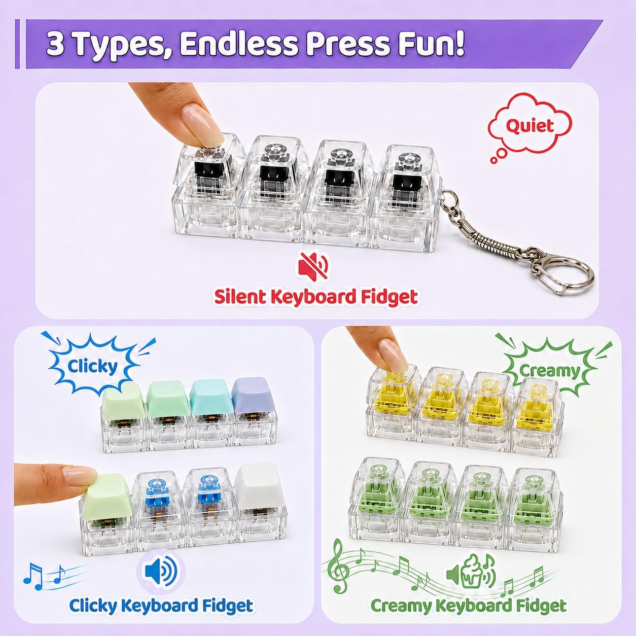 Keyboard Fidget Toy 5 Pack, Clicky/Creamy/Silent Sounds, 90 Keycaps image 3