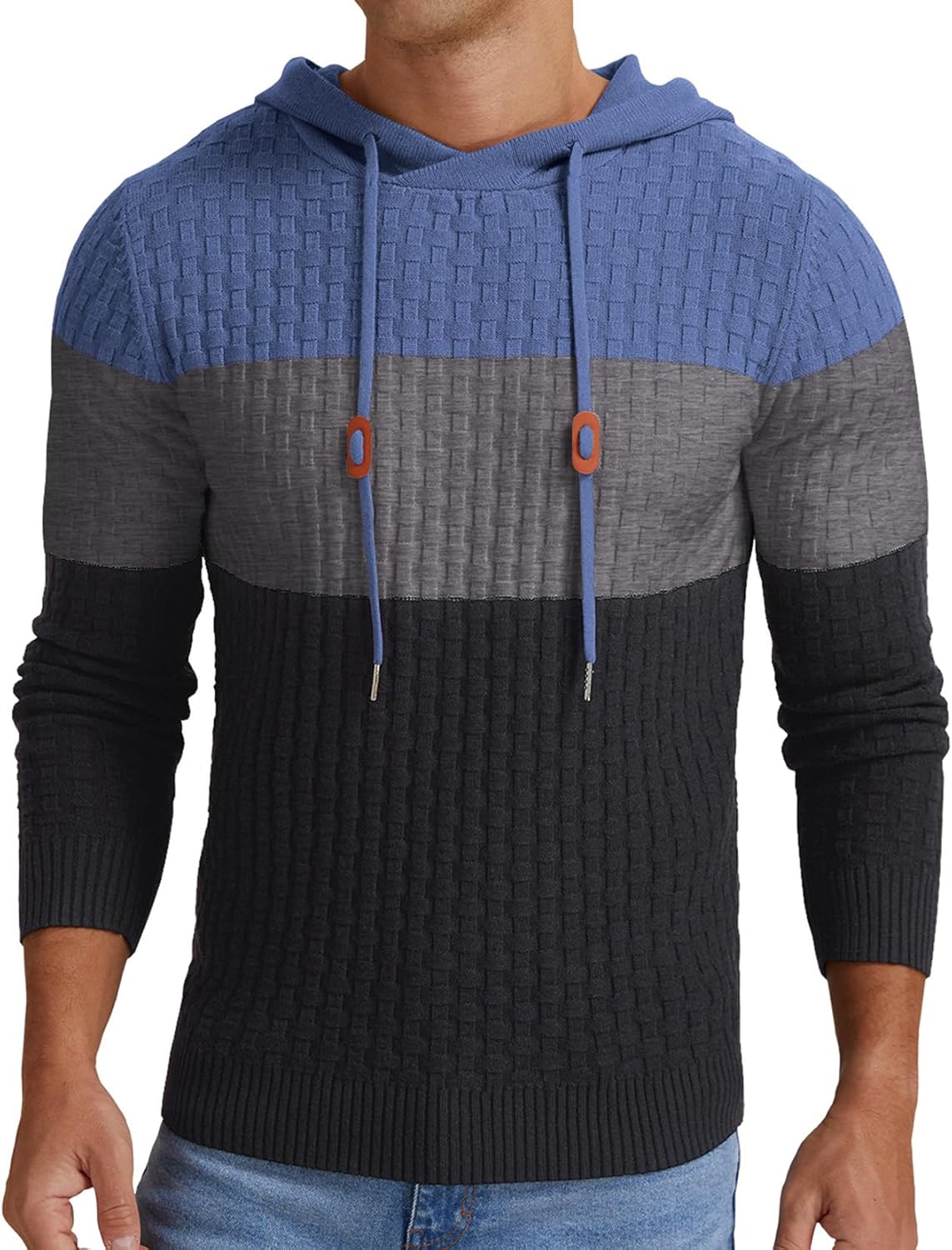 Askdeer Men's Pullover Sweater Long Sleeve Waffle Knitted Sweater Casual Soft Hoodie Pullover Sweaterwith Ribbing Edge Blue Dark Gray Black - Image 3