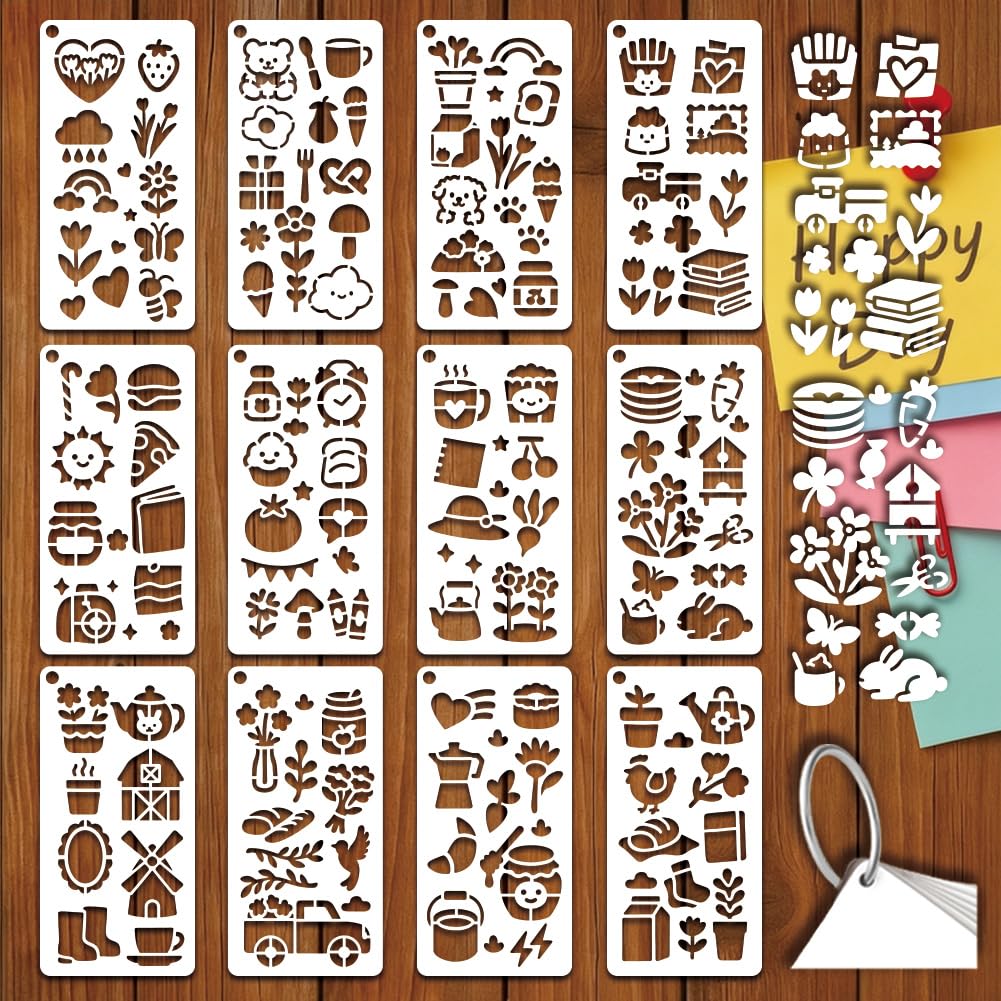GOMAKERER 12 Sheets Simple Cartoon Elements Stencils for Painting, 12 Styles Kawaii Flower Dog Book Cloud House Drawing Template Reusable Art Templates for Album Journals Planner Scrapbook — image 1