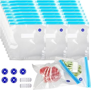 Sous Vide Bags 24 Pcs, 11x10 inches Reusable Vacuum Sealer Bags, Vacuum Food Storage Bag for Cooking, Food Storage, and Microwave Heating, with 2 Seal Clips & 5 Air Valves