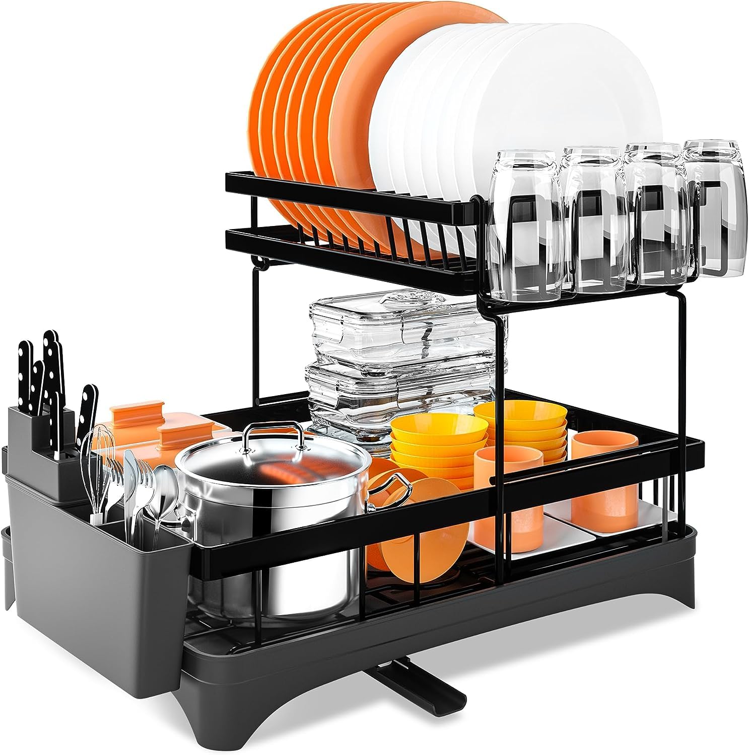 Sisliya Dish Drying Rack, 2 Tier Black Large Drying Rack for Kitchen Counter, Wear-Resistant Dish Drainer with Utensil Holder, Cup Holder, Chopping Board Holder, Extra Two Hooks (B0CH19Z73B) Amazon Price History, Amazon Price Tracker