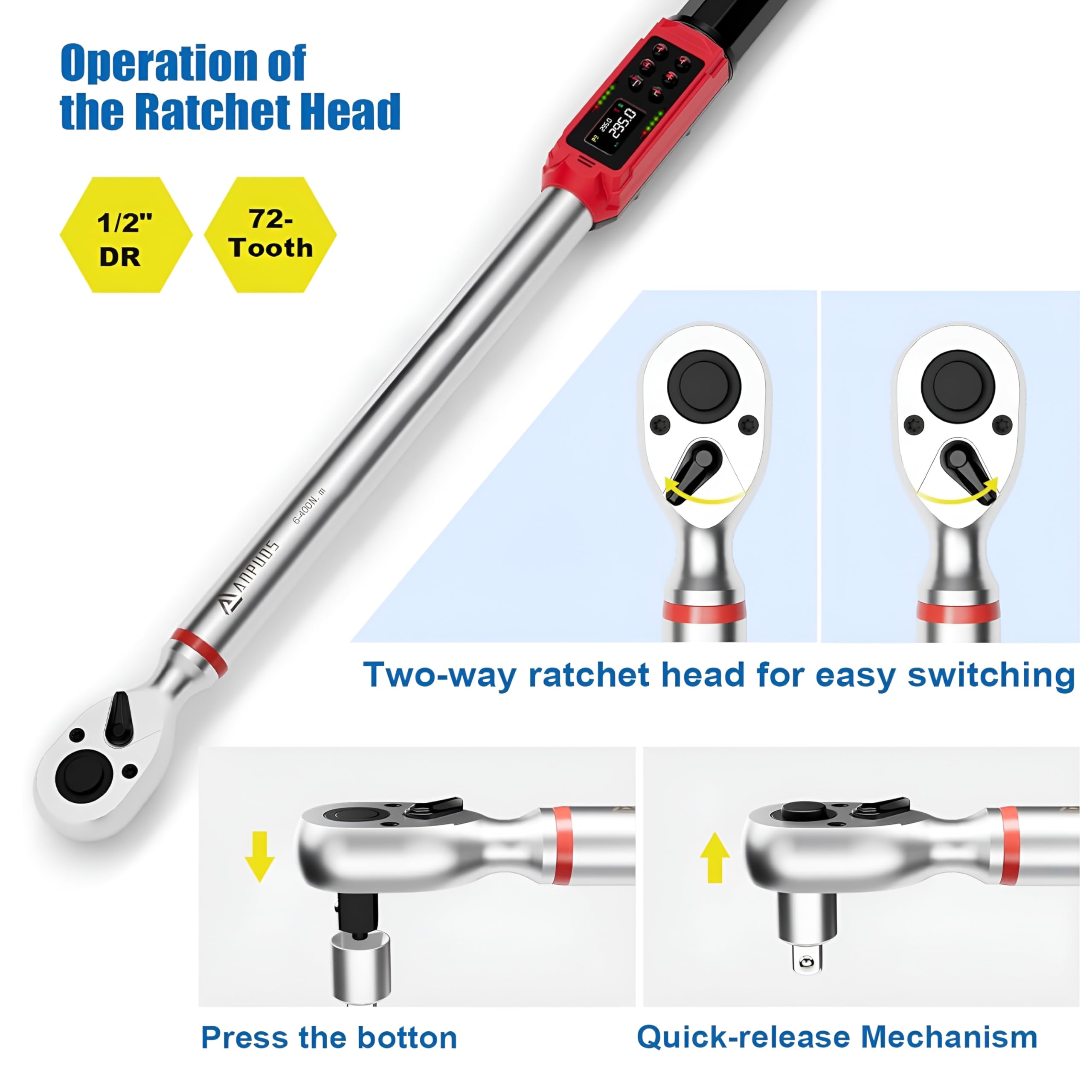 XPR3SS Electronic Digital Torque Wrench 1/2 Inch Drive,17–340 Nm(12.54 to 250.78 ft-lbs), ±0.6% Accuracy, Buzzer, Vibration & LED Alert – Professional Automotive Tool for Car, Truck & Workshop 4