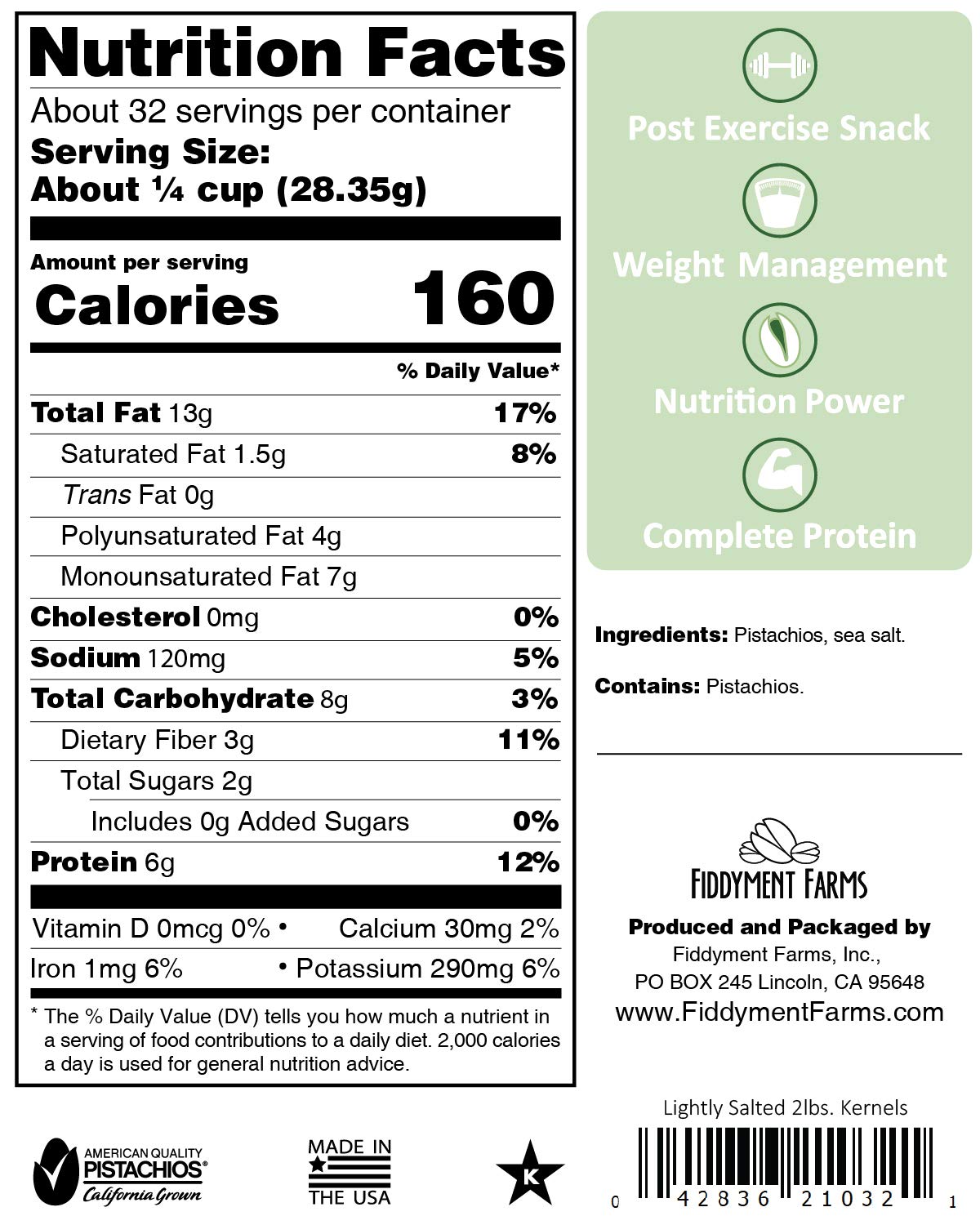 Fiddyment Farms California Grown Jumbo Lightly Salted Pistachio Kernels, 2lb Resealable Bag - Fresh Roasted Gluten-Free Snack