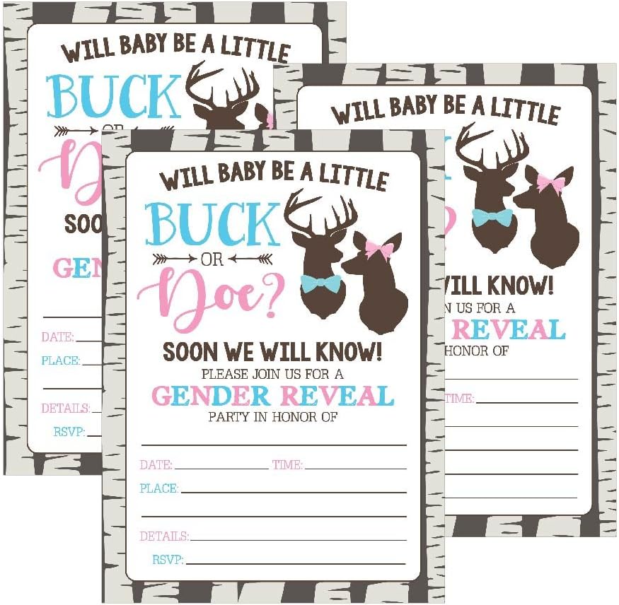 Hadley Designs 25 Buck or Doe Deer Gender Reveal Baby Shower Party Invitation Cards Pink Blue He She Personalized for Unisex Invite Guess If It's a Boy or Girl Fill In The Blank Printable Invite Pack