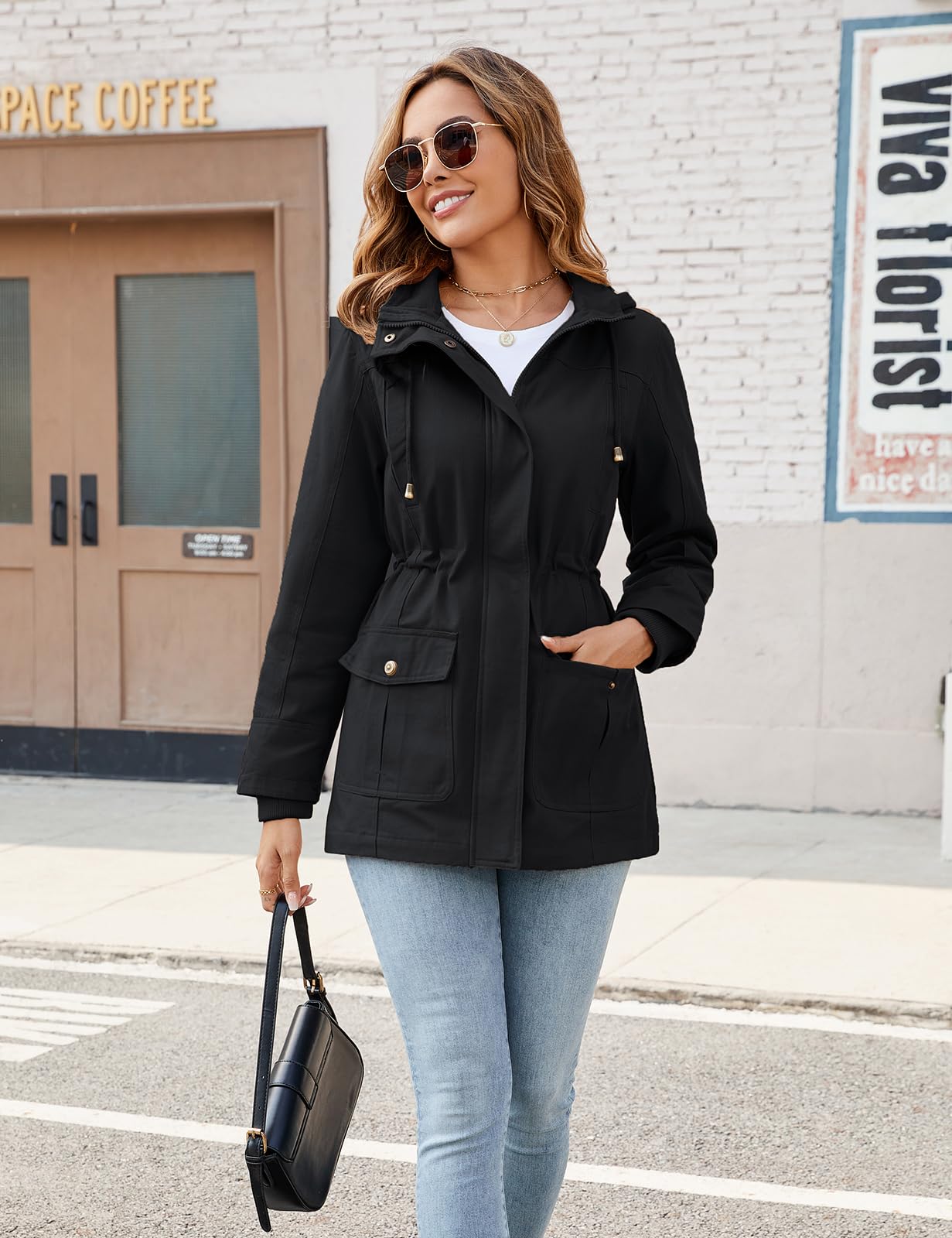 Vancavoo Übergangsjacke Damen Jacke Outdoor Kurzmantel Frühjahr Elegant Frühjahrsjacke Leichte Gefütterte Herbstjacke Baumwolle Damenjacke mit Kapuze mit Kordelzug