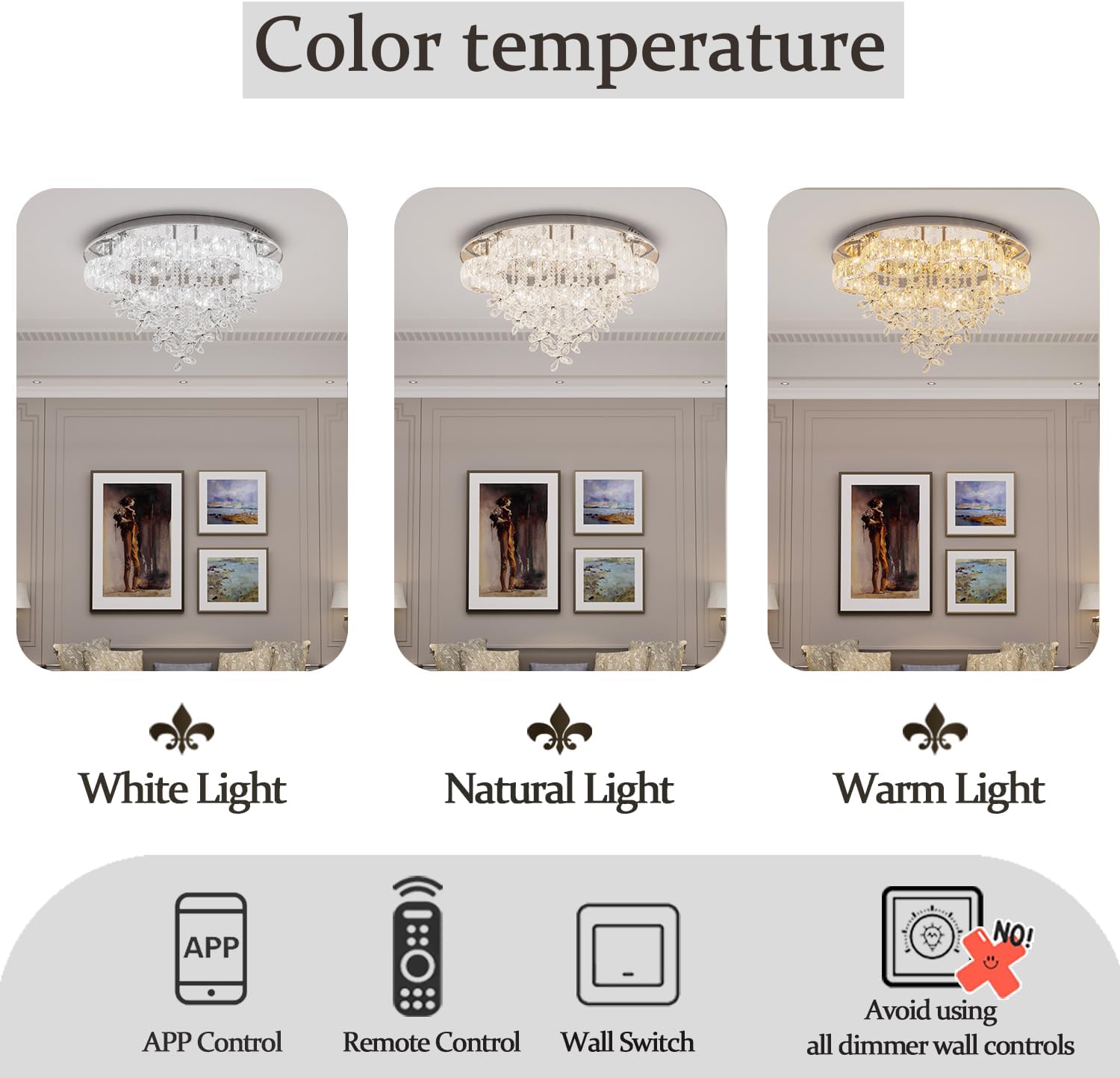Flashing God Dia 24“ Modern Crystal Chandelier Living Room Flower Chandeliers Dinning Room Crystal Raindrop Chandelier Flush Mount Ceiling Light LED Dimmable 2700k 4500k 6000k