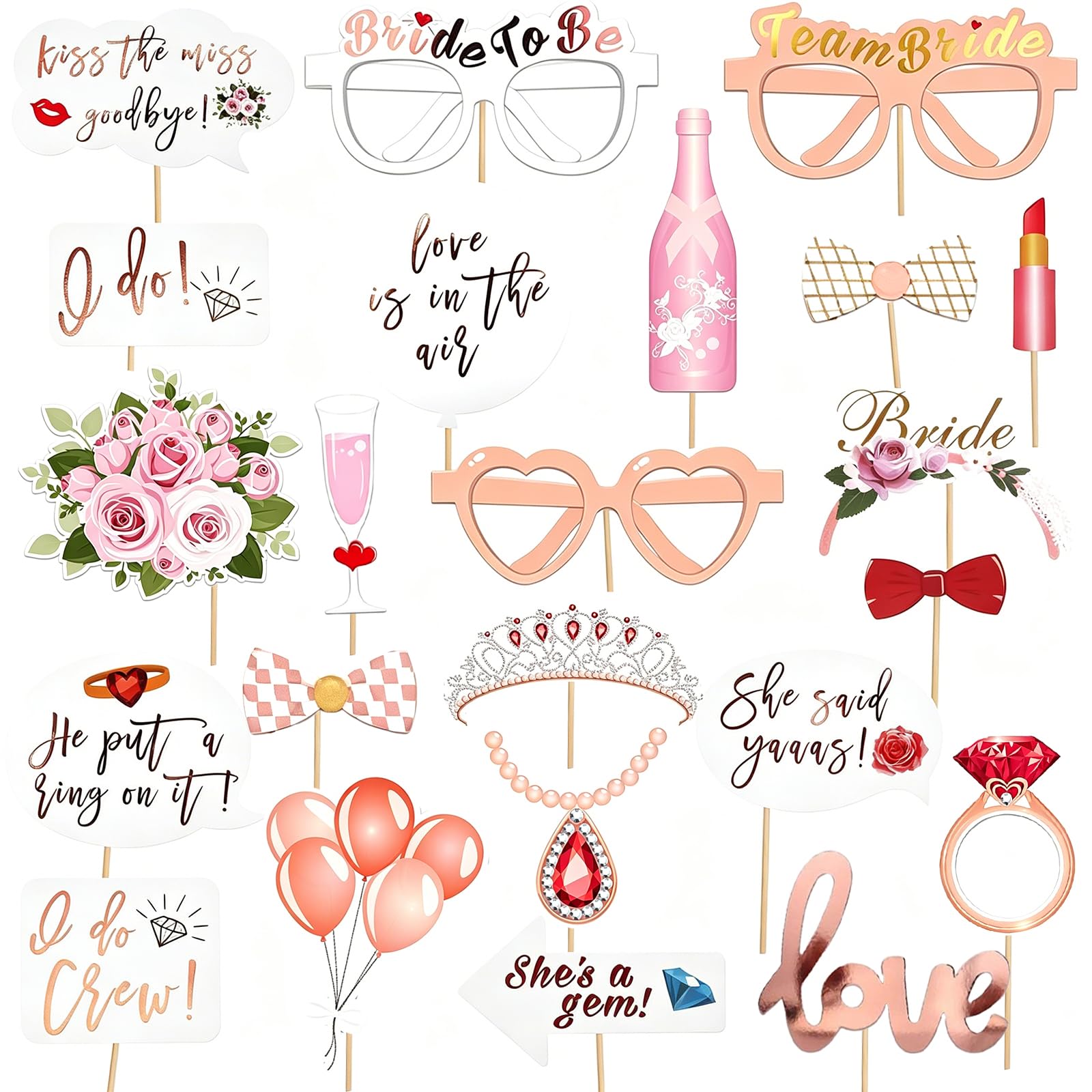 23 Pcs Hen Party Photo Booth Props, Team Bride Selfie Kit, Pink Bridal Shower Accessories, Bachelorette Wedding Engagement Party Supplies