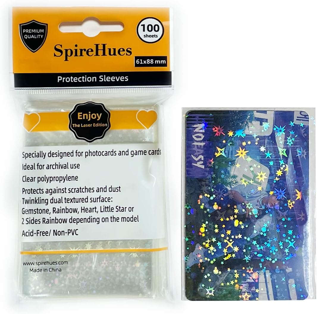 SpireHues Kpop Photocard Protection Sleeves - Pack of 100, Holographic Little Star and Clear Textured Surfaces, Archival Grade, Non-PVC, 61x88