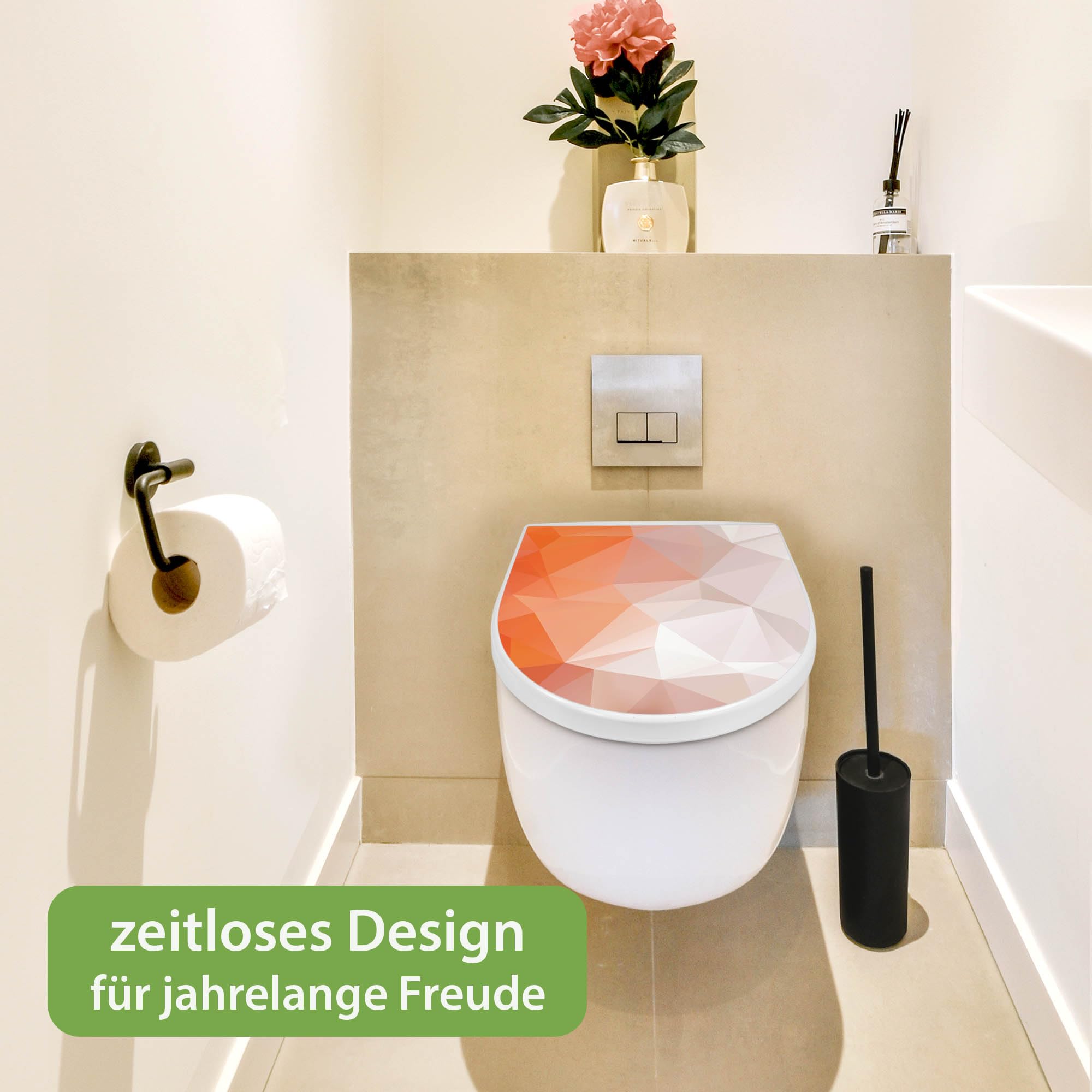 banjado WC Sitz mit Absenkautomatik D Form - Toilettendeckel mit Absenkautomatik D Form - Klodeckel Softclose - stabile Klobrille - Toilettensitz Weiß - Motiv Orange Polygon