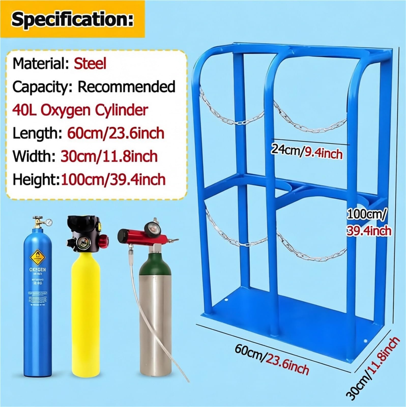 Soporte de almacenamiento para bombonas de oxígeno de alta resistencia, Soporte de fijación para bombonas de gas de montaje en suelo, Soporte portátil de acero con cadena de seguridad(60x30x100cm)