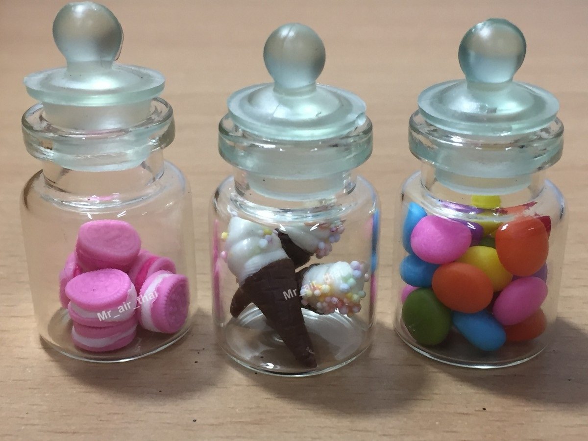 Mr_air_thai_Miniature 3pc Miniature Cookie Chocolate Cake Food Candy Dollhouse Cake in Clear Glass Mini Bottle fruit Food #MF030