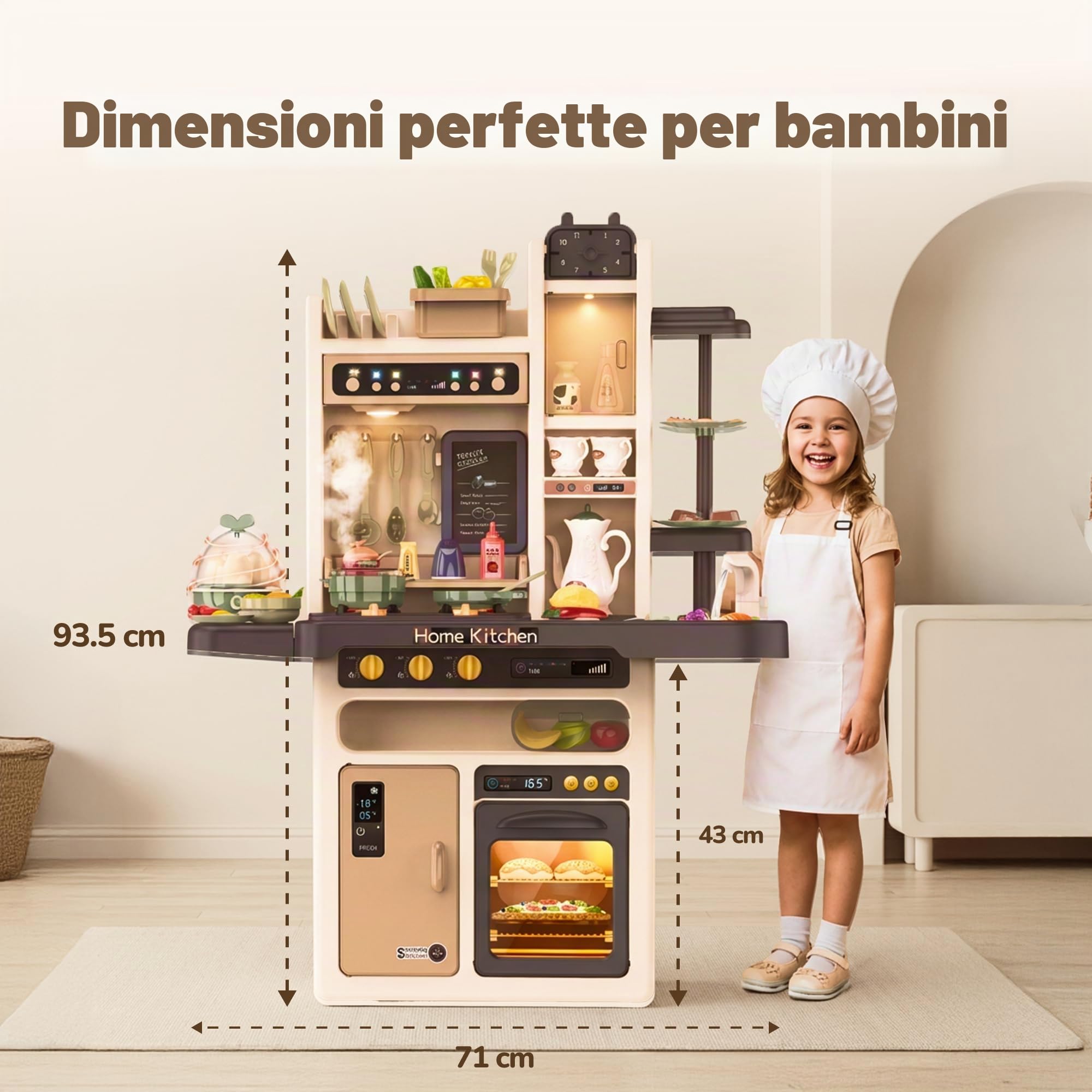Kinderplay Cucina giocattolo per bambini – Vapore sicuro, luci e suoni – Gioco di imitazione 3+ con rubinetto a pompa – 65 accessori, 71×28,5×93,5 cm, KP3297