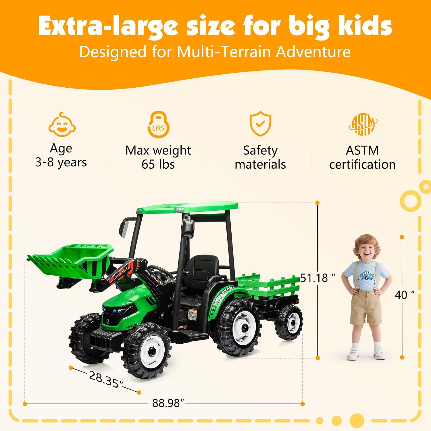 Albott 24V Ride on Tractor for Kids with Trailer & Front Loader, 3-in-1 Electric Construction Vehicle, Dual Motors, All-Terrain Wheels, LED Lights, Outdoor Gift for Boys Girls Ages 3-8 (Green)