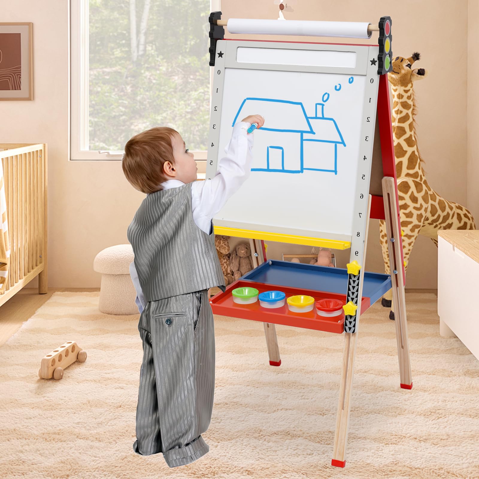 Caballete de madera plegable para niños 3 en 1 con rollo de papel, altura ajustable para niños, fácil con rollo de papel, pizarra blanca y tabla de calcio