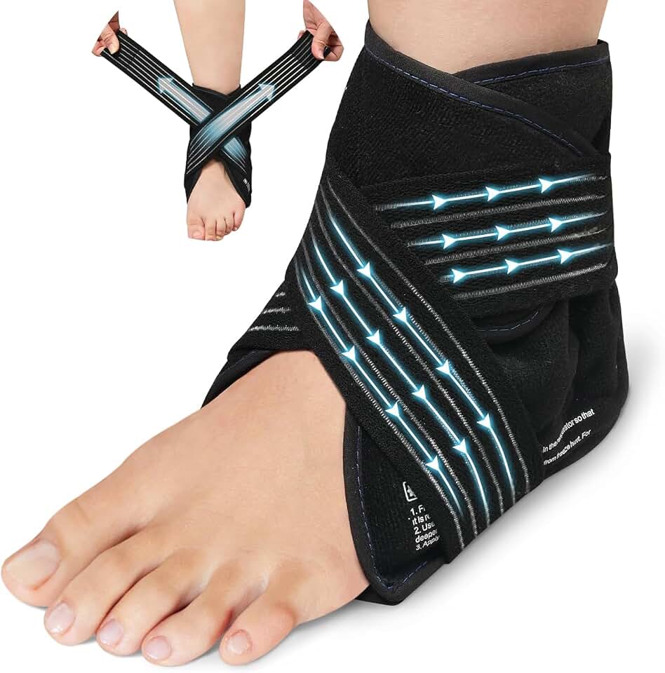 Relief Expert Compressa De Gelo Com Compressão Para Tornozelo – Bolsa De Gel Fria Reutilizável Para O Pé E Tendão De Aquiles, Design Com Duas Tiras E Forro Macio De Pelúcia, Terapia Fria Flexível