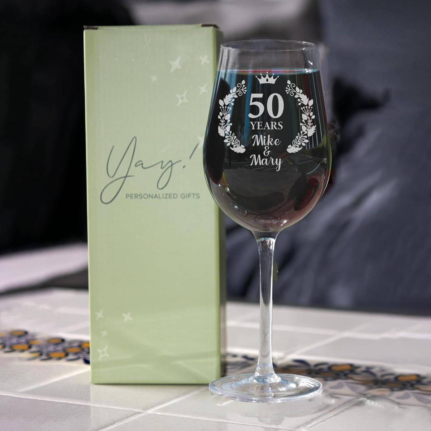 Custom Wine Glass Set of 2, Personalized Happy Anniversary Wine Glasses, Engraved Wedding Keepsake for Couple, Etched 40th/50th/60th Wedding Gift for Soulmate (Anniversary, 17oz Stemmed)