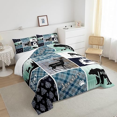 Miniatura 4 de Juego de edredón de oso y ciervo, tamaño individual, ropa de cama de animales salvajes de caza, colcha rústica de cabaña, casa de campo, cuadros