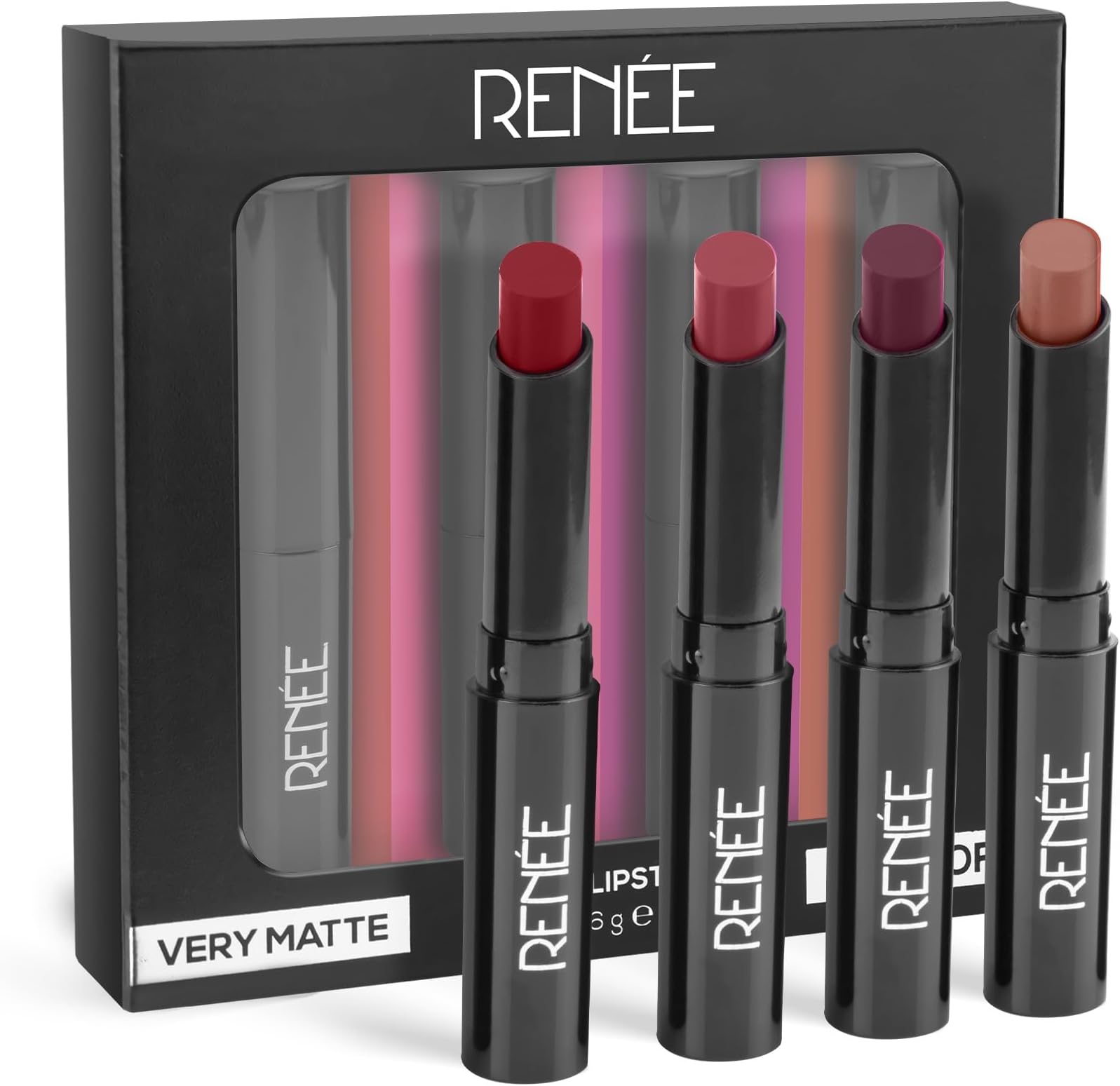 RENEE Very Matte - Pack of 4 Matte Lipsticks, Intense Color Pay Off, Full Coverage Long Lasting Weightless Velvety Formula