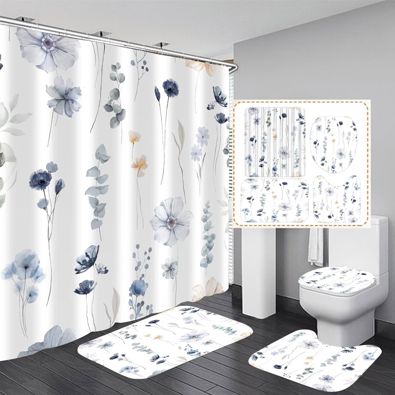 DDQQ 4Pcs Watercolor Flower Shower Curtain Set with Non
