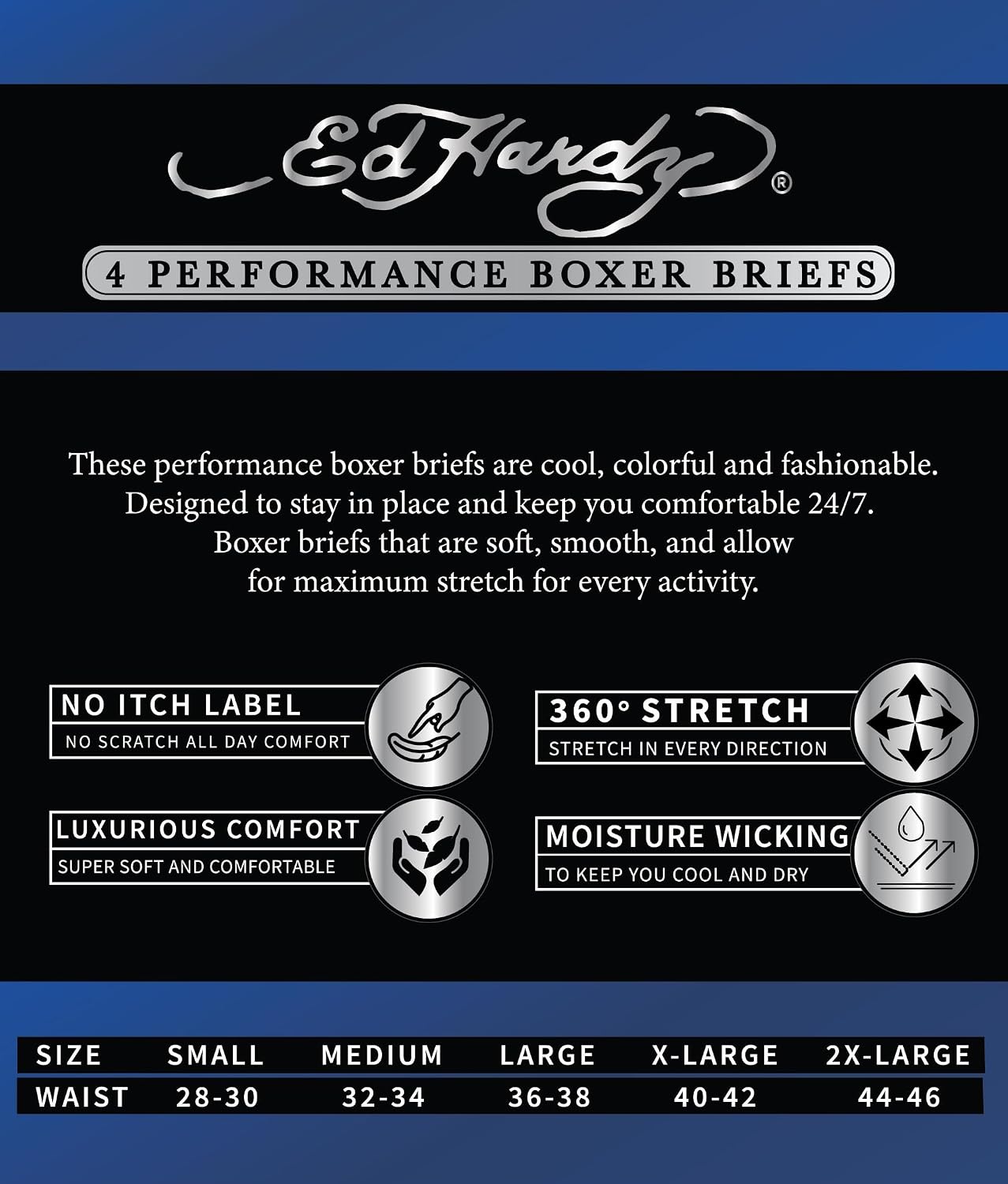 ED HARDY Mens Boxer Briefs 4 Pack, Soft Fabric Underwear, Pull On Closure, Machine Washable Comfortable Stretch Boxers