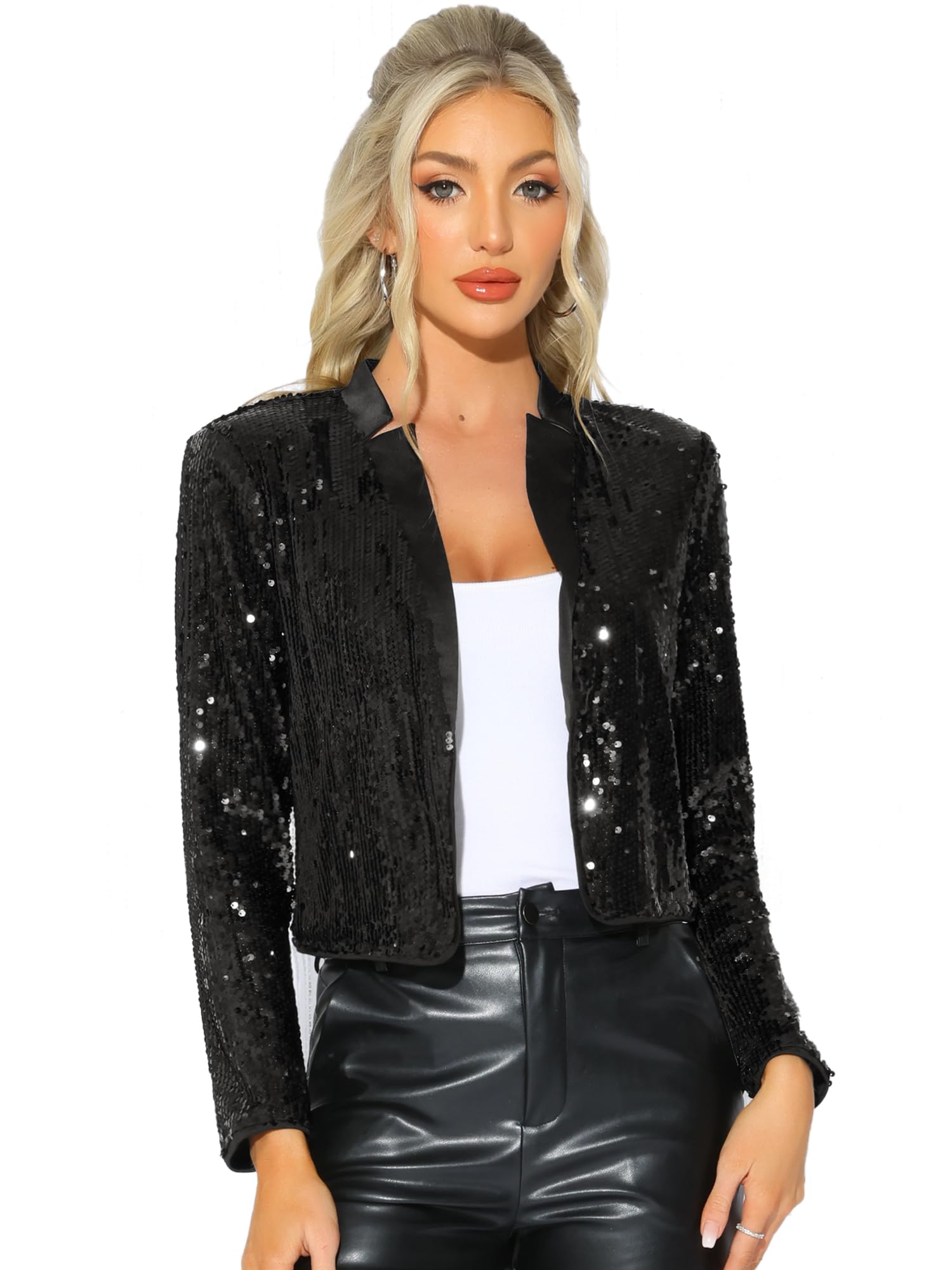 Allegra K Sequin Crop Jacket for Womens Party Long Sleeve Open Front Sparkle Glitter Blazer