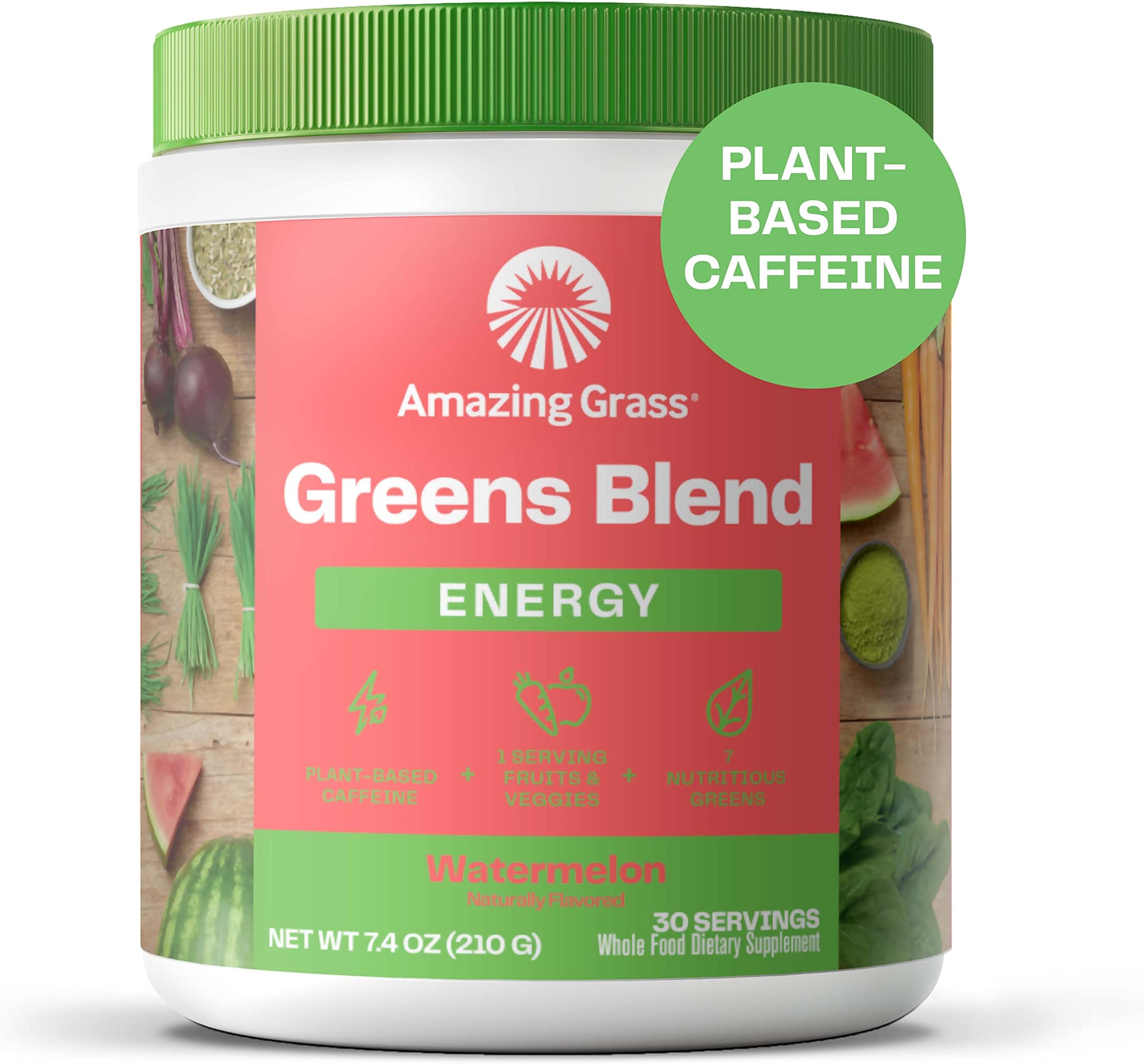 Amazing Grass Green SuperFood Energy: Super Greens Powder & Plant Based Caffeine with Matcha Green Tea, Nootropics Support, Watermelon, 30 Servings, 7.4 Ounce