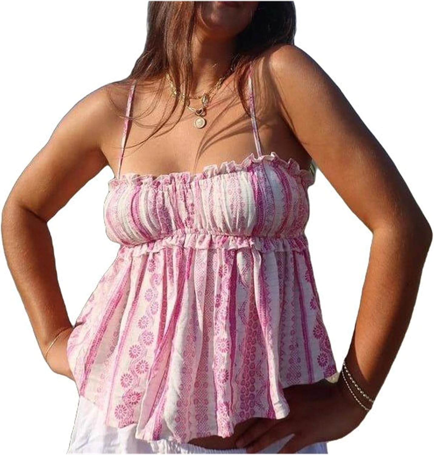 Women Y2K Floral Babydoll Top Sleeveless Spaghetti Strap Ruffle Tank Top Summer Cute Flower Print Peplum Cami Vest