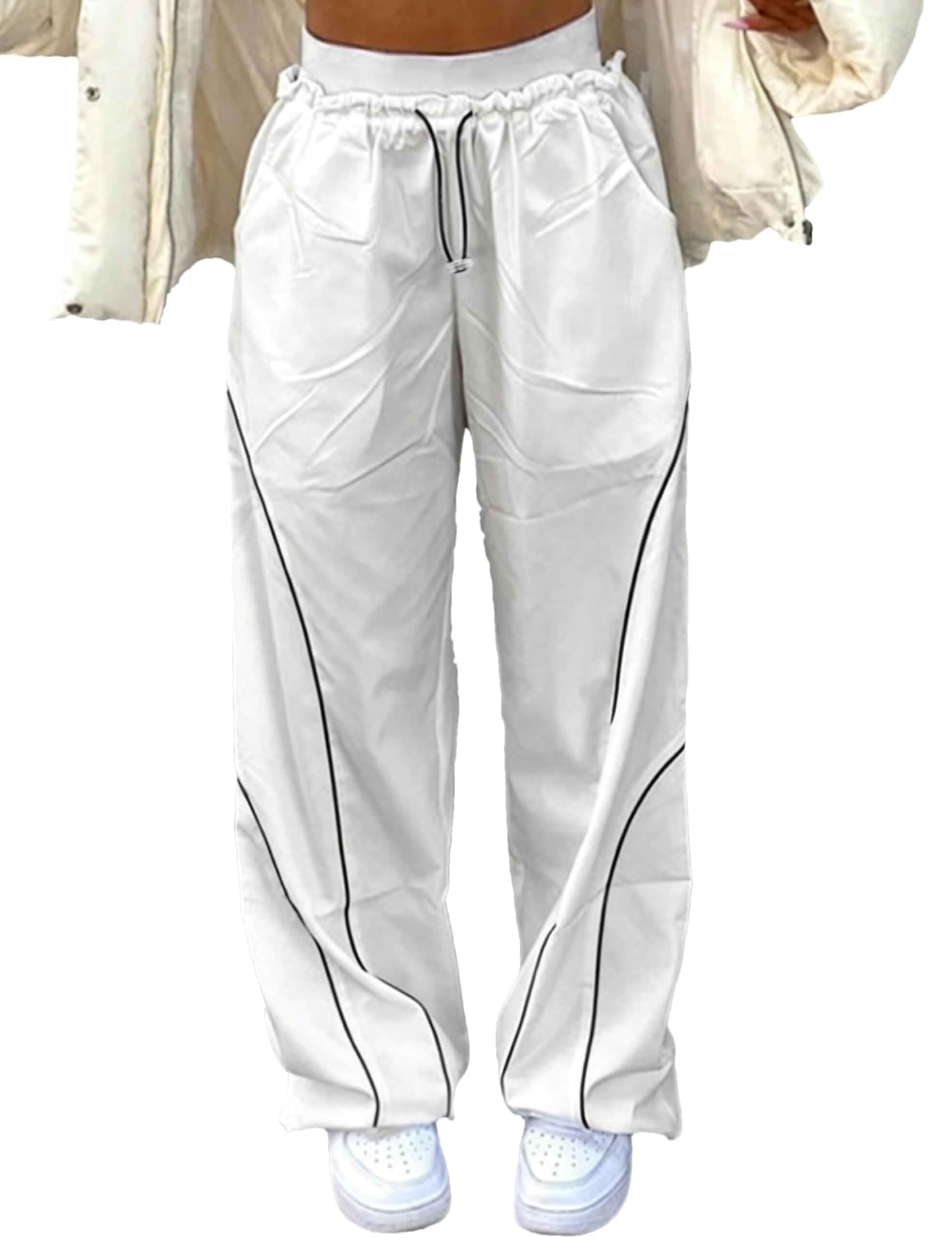 Summer Parachute Pants for Women Y2K Sweatpants Casual Cargo Pants Baggy Parachute Pants with Pockets, Lightweight Wide Leg Joggers, Elastic Waist Y2K Trousers, Drawstring Loose Fit Pants