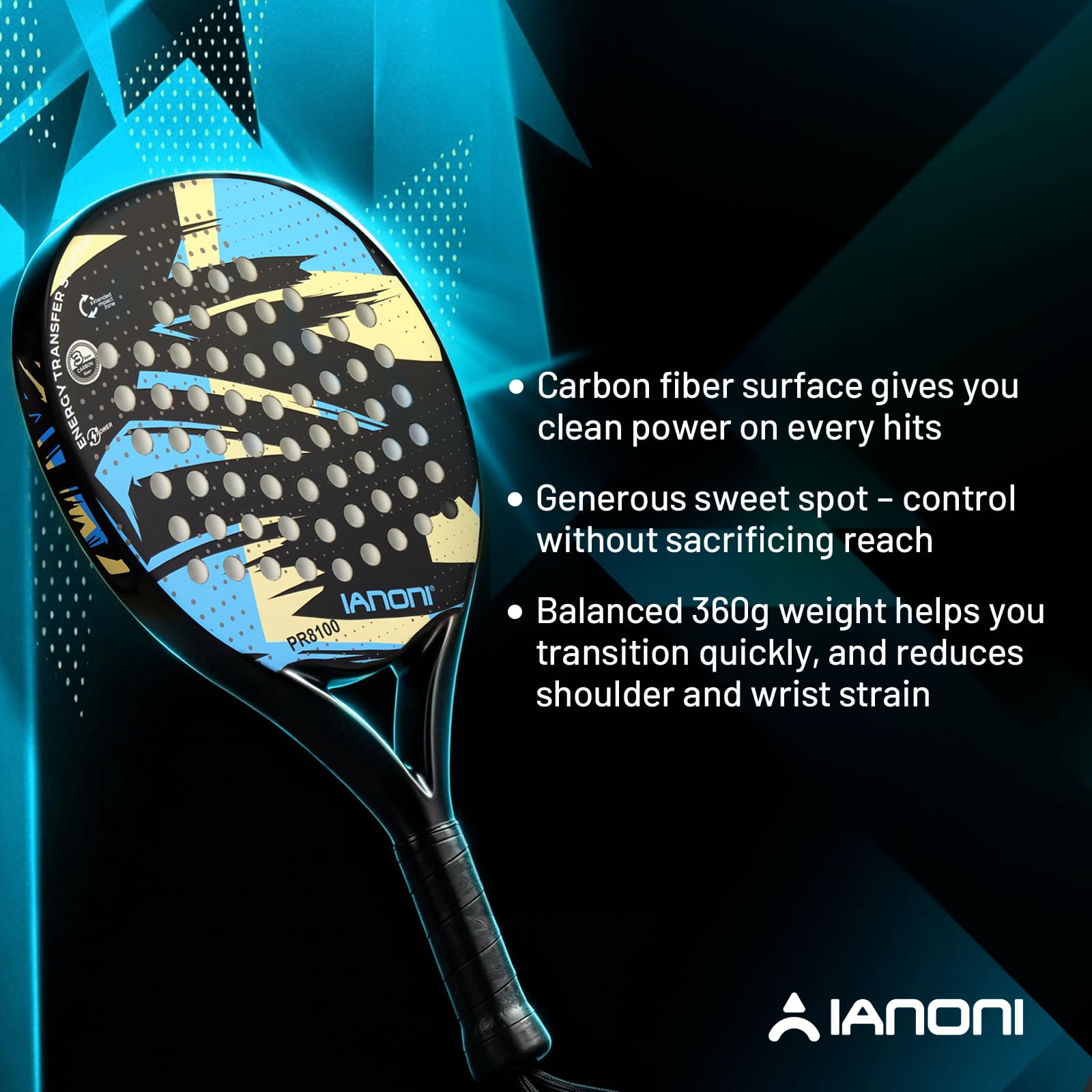 ianoni Racchetta da padel con superficie in fibra di carbonio con nucleo in schiuma EVA Memory Flex Core POP Padel Racquts-8100-azzurro cielo