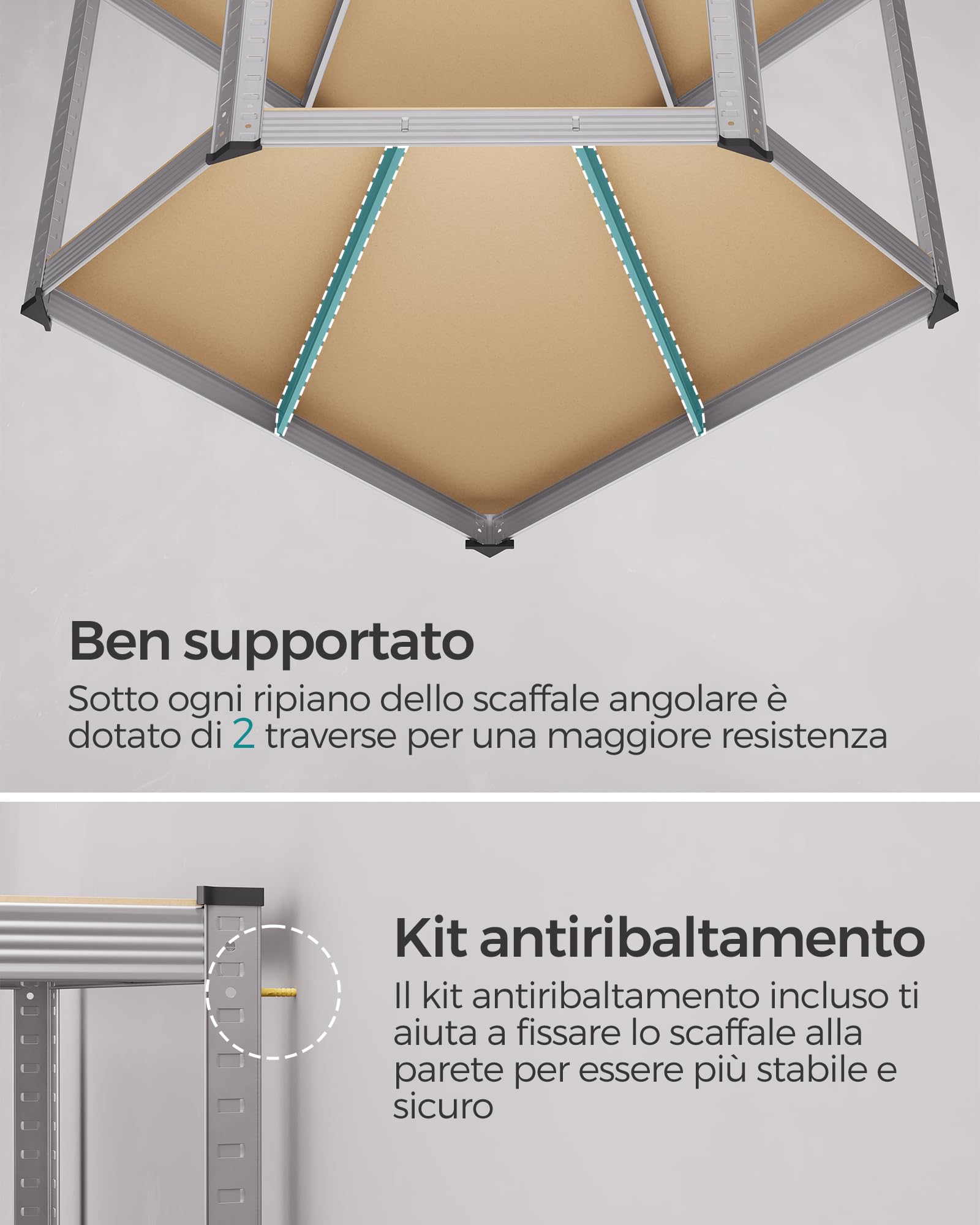 SONGMICS Set di Scaffale Angolare a 4 Ripiani, Scaffalatura ad Angolo in Acciaio per Carichi Pesanti, per Garage, Ripostiglio, Magazzino, Portante 1500 kg, Argento Pallido e Beige Naturale GLR056E03