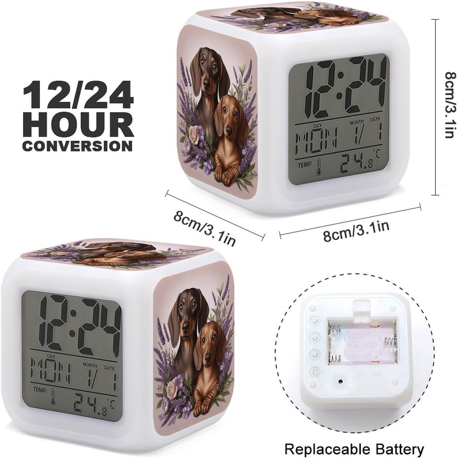 Night Light Alarm Clock, 7 Color Changing, Lavender and Dachshund image 3