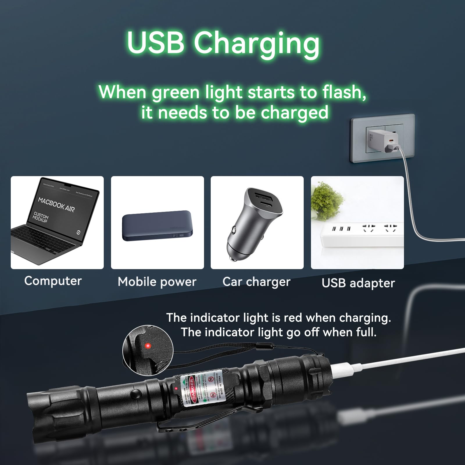 [4 paquetes] Linterna de luz verde, linternas tácticas recargables de largo alcance con tapa de estrella de enfoque ajustable, para uso en exteriores, pantallas de TV/LED/LCD, astronomía