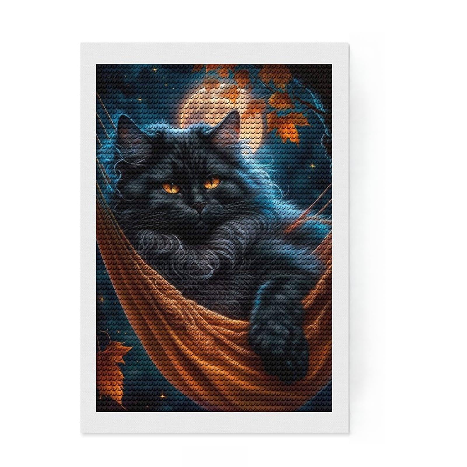 Junmoney Black Cat Under The Moon Diamond Painting Kit 8"x12", Relaxing DIY Hobby, Neat Printed Canvas, Home Wall Decor, Thoughtful Handmade Gift