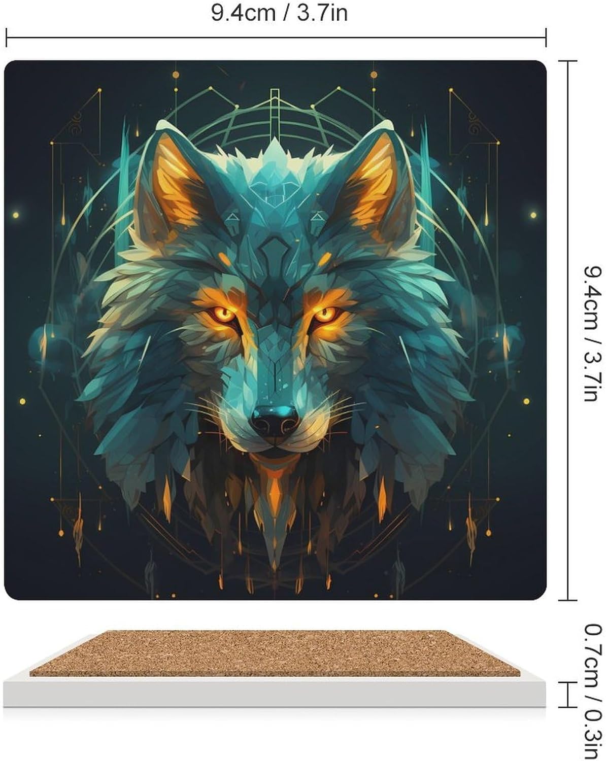 Wolf Face Head Wolf Coasters for Drinks Square Table Coasters Set Cup Mats with Cork Base