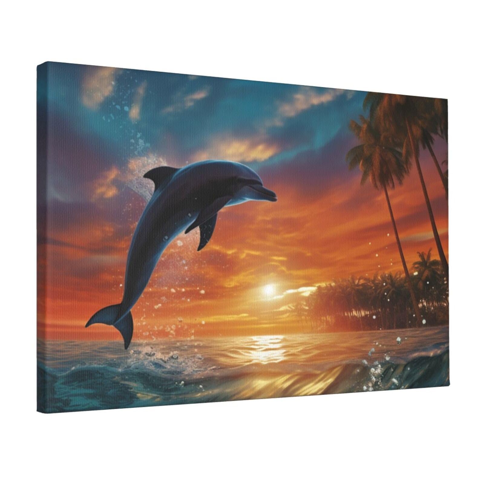 KLOPH Dolphins and Palm Trees Canvas Wall Art for Living Room 12"x18" Modern Artwork Painting for Bathroom Hanging Canvas Prints Aesthetic Wallart for Bedroom Kitchen Office Wall Decor