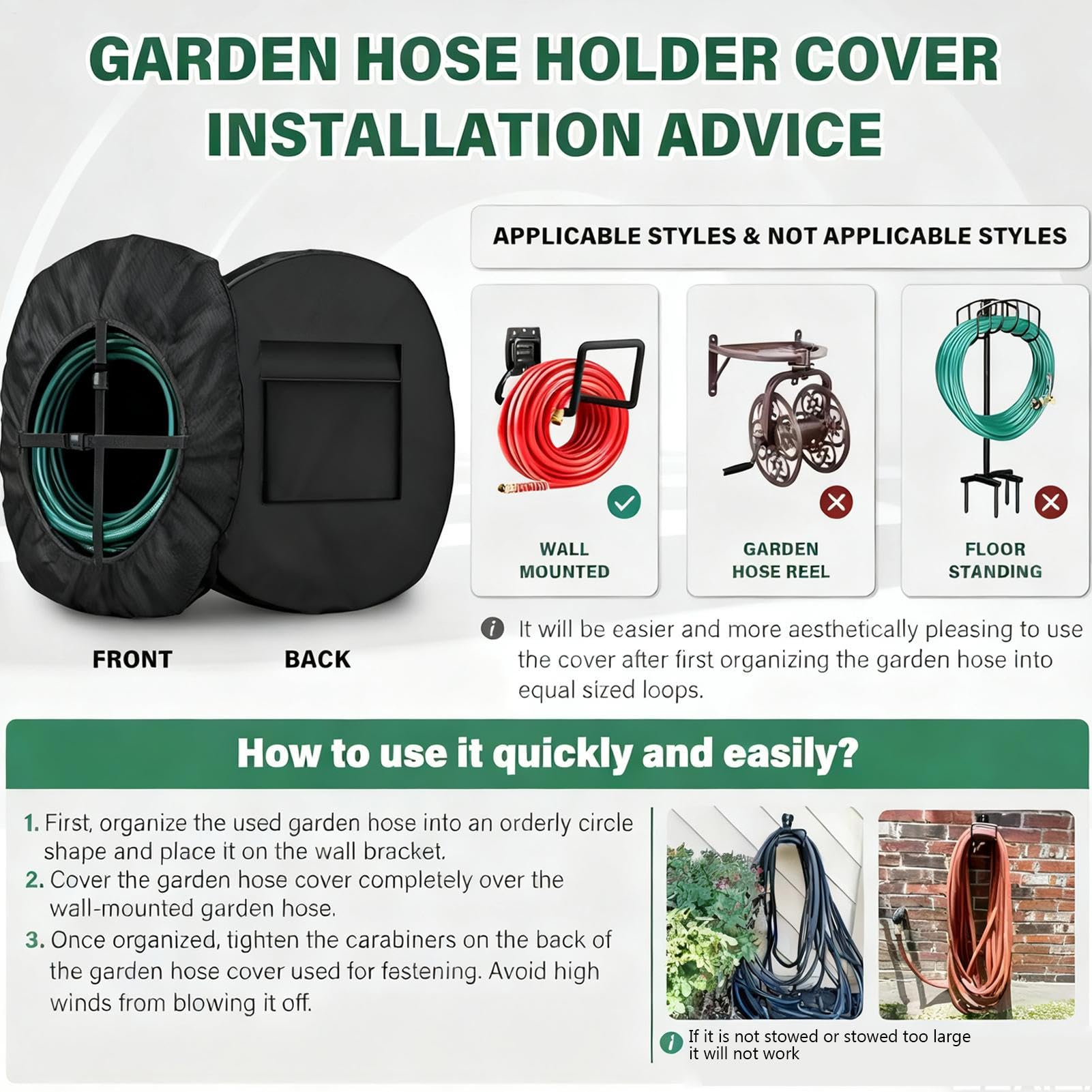 Cubierta para Manguera de Jardín,Protector Impermeable De Pared,Fundas De Manguera De Agua Oxford 420D Para Exterior - Para Sol Nieve Cables De Extensión Piscina Exterior Patio