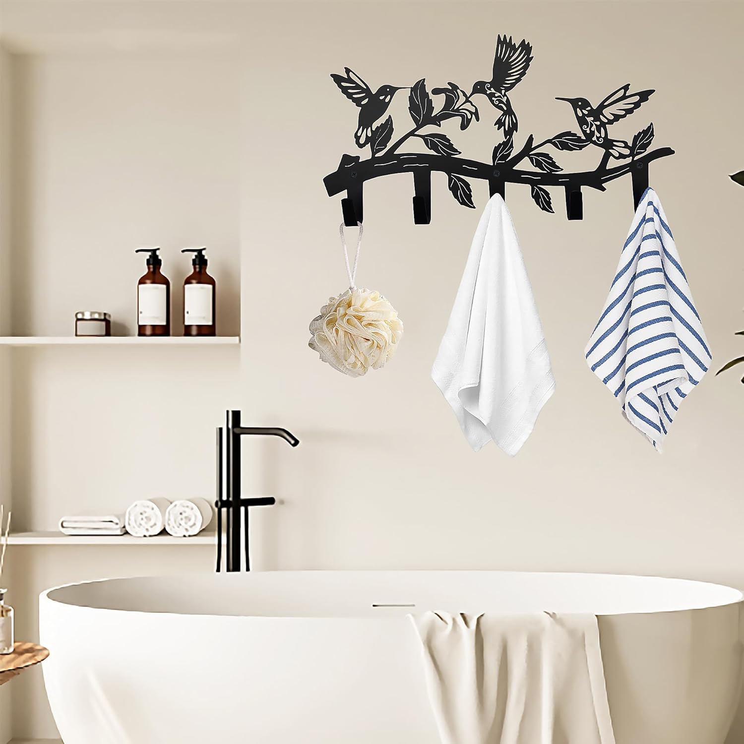 Metal Hummingbird Coat Hooks Wall Art Decor-Hummingbird Hangers and Key Holder-Animal Theme Hooks Sweet Home Decor for Storage, Living Room, Hallway, Office (Black) - Image 2