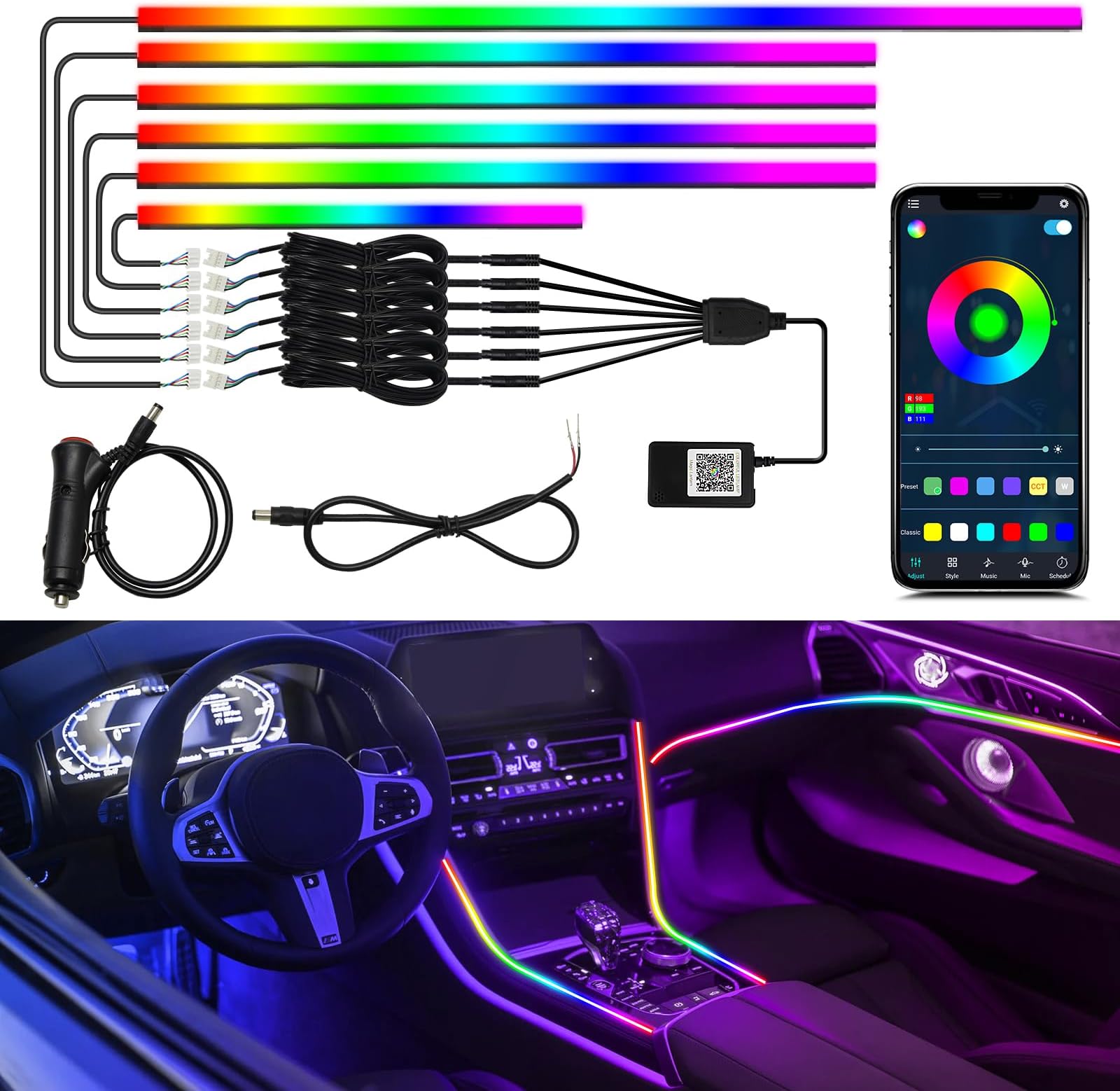 Dreamcolor Interior Car Lights, WEBUPAR Car Accessories 6 in 1 Car LED Strip Lights with APP Control and 213 Modes, 175 inches 593 LEDs Acrylic Fiber Optic Lights, RGB Neon Light Kits