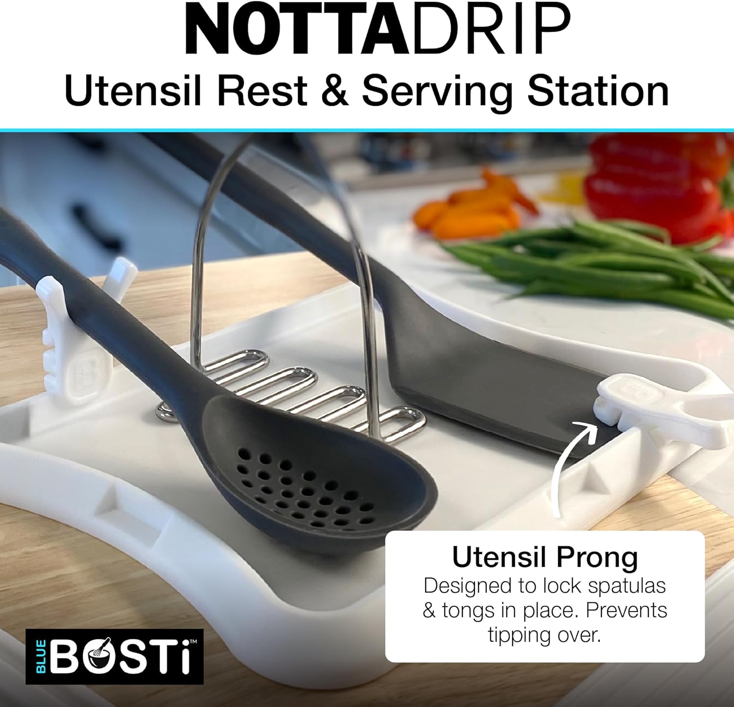 Nottadrip Silicone Spoon Rest for Stove Top - Kitchen Spoon Rest for Countertop, Ladle Holder, All in 1 Serving Station, Elevate Handles, Drip to Tray, Mess Free - 3PC Set No Trivet - White