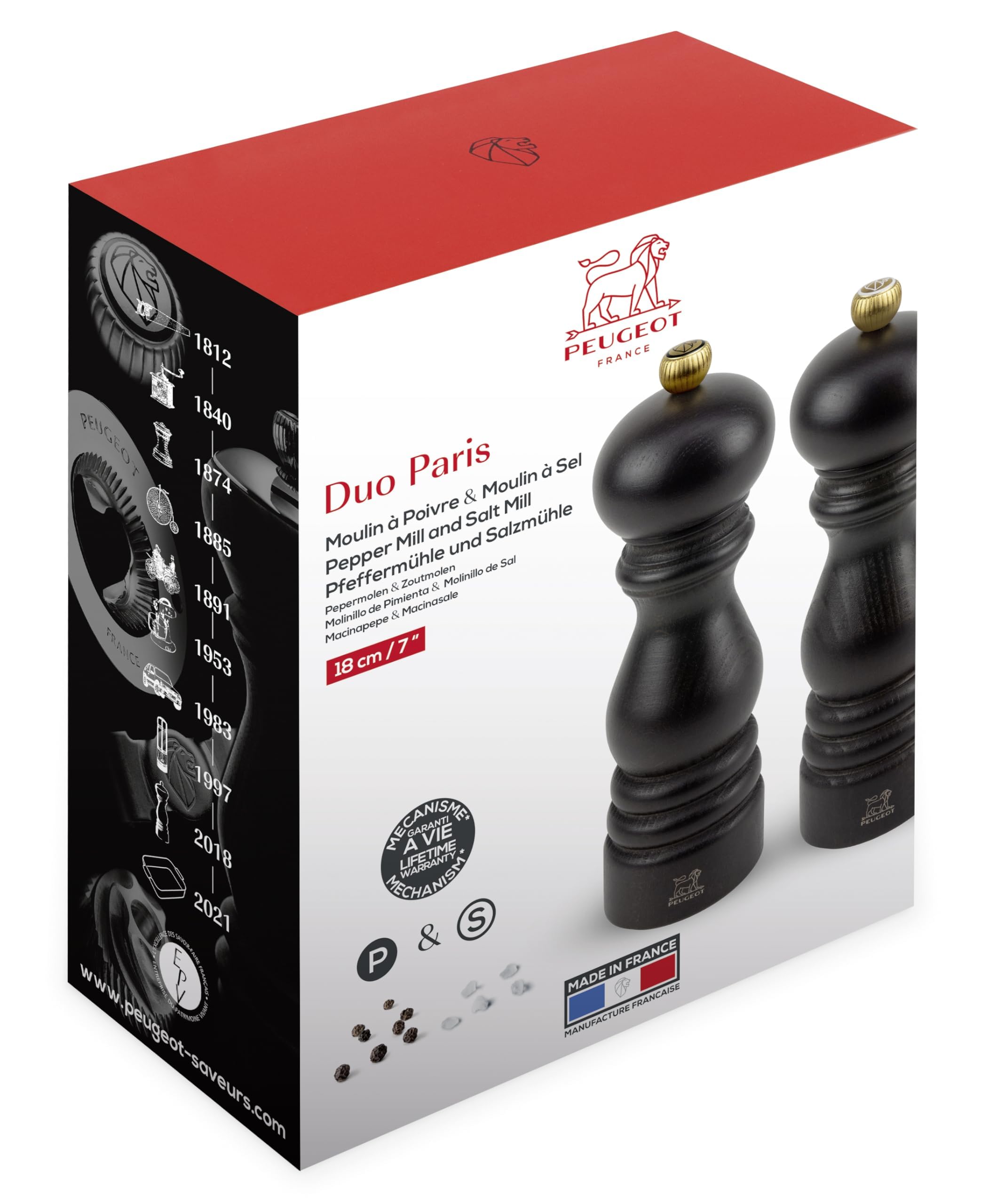PEUGEOT - Duo Paris - Moulin à Poivre + Moulin à Sel 18 cm - Réglage Classique - Innovation Sel Glace, Mécanisme Zirlion - Bois Revalorisé Labellisé PEFC - Fabrication Française - Coloris Chocolat