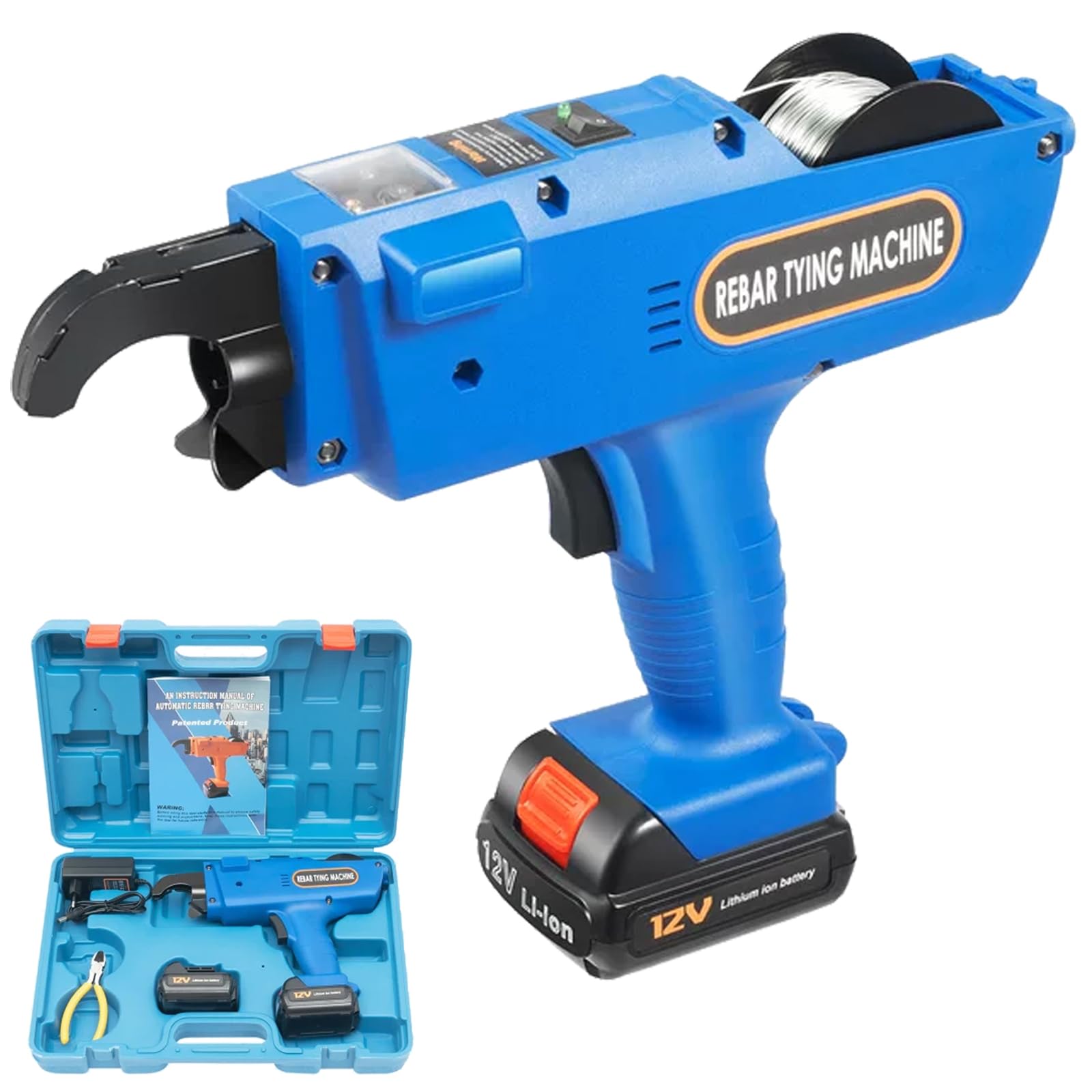 Máquina de encuadernación eléctrica de 12 V, máquina de encuadernación automática Rebar Tying Machine profesional de 8-34 mm encuadernadora de alambre (azul)