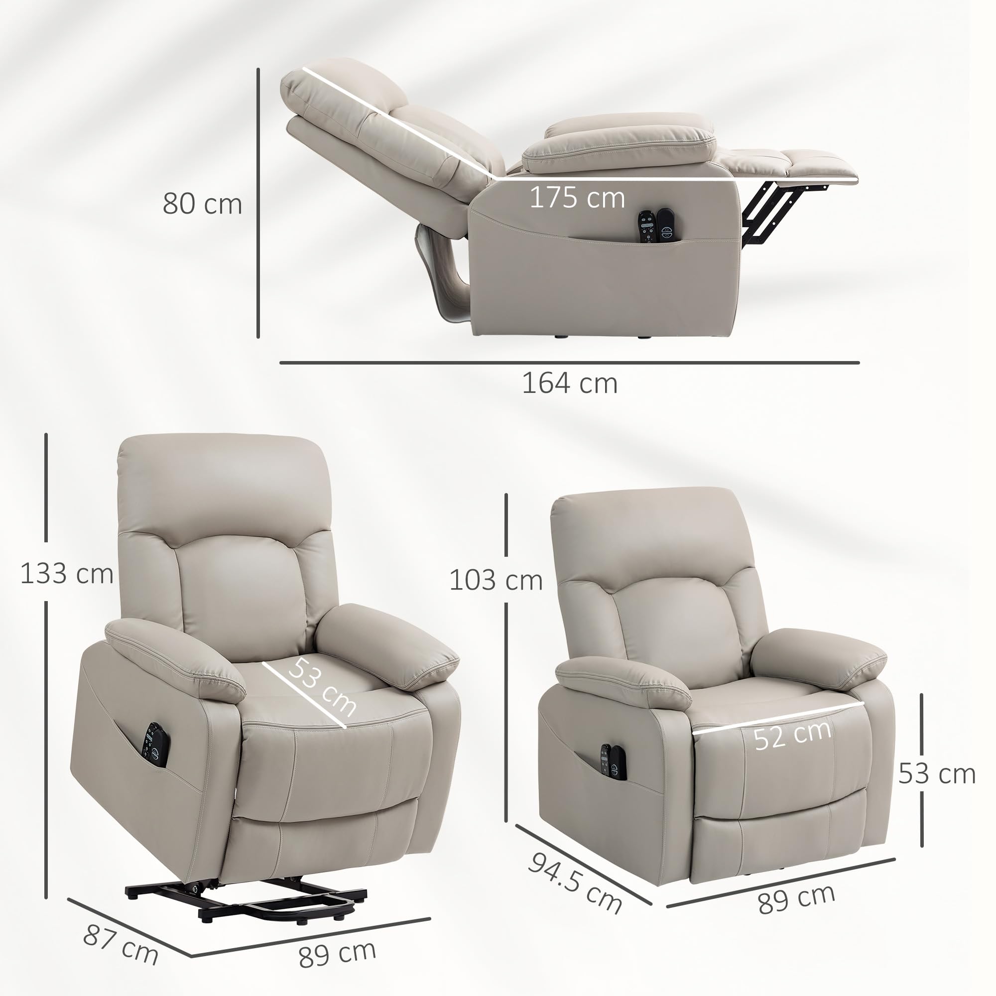 HOMCOM Fauteuil releveur électrique avec Fonction Massage et Chauffage, Fauteuil Relax électrique, Dossier inclinable, Ports USB, télécommande, Coussin à Ressorts, Repose-Pied et Poche latérale, Gris