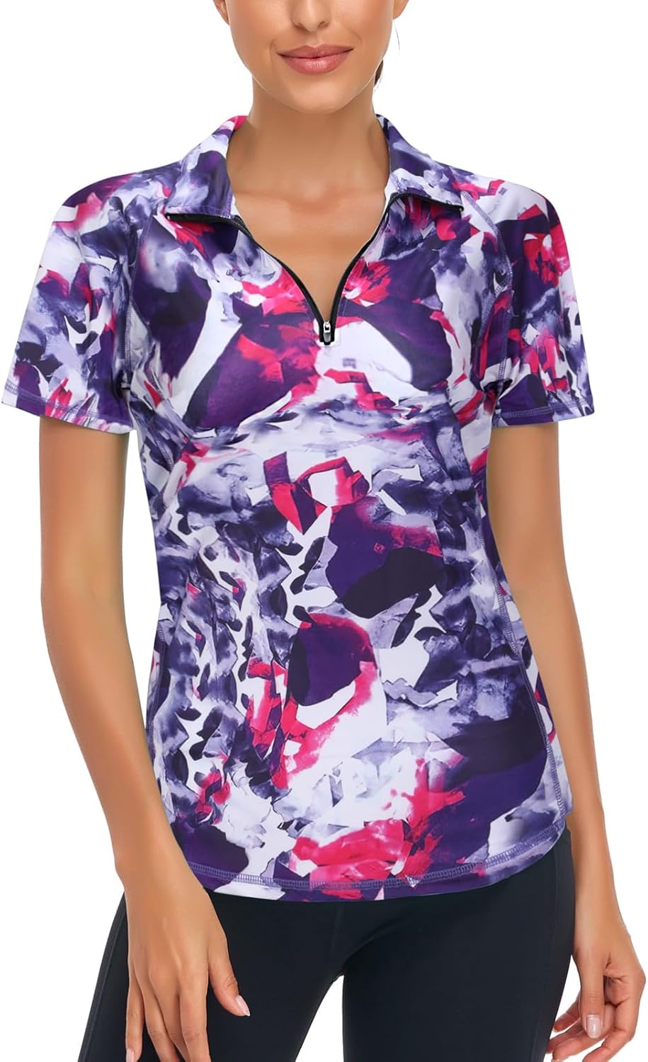 Zamowoty Women's Short Sleeve Golf Shirts 1/4 Zip Up Loose Yoga Running Workout Tops