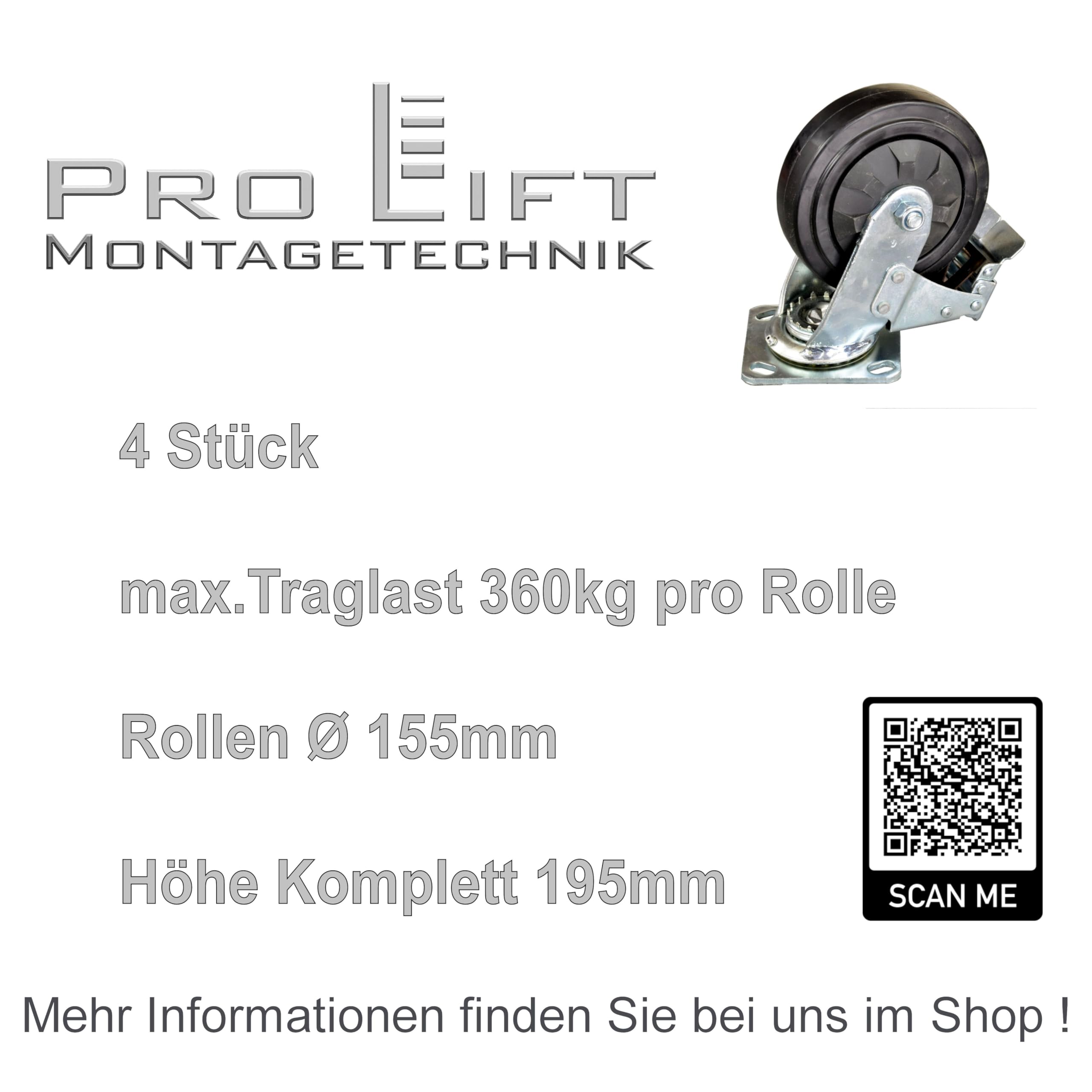 4 Stück: 360kg Lenkrollen gebremst, Doppelbremse, Vollgummi-Rollenbelag, 01665