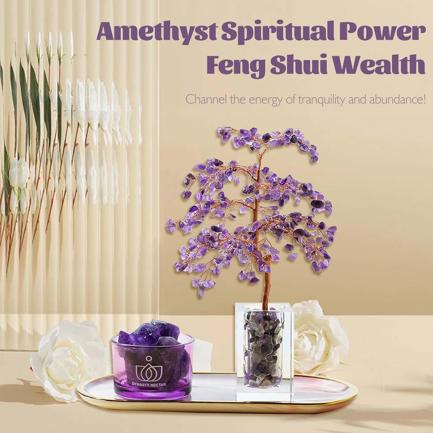 Runyangshi Amethyst Crystal Tree of Life & Natural Crystal Ore Diffuser Set for Office Desk Living Room Home Decor - Gemstone Tree for Money Positive Energy Feng Shui Good Luck Gift for Women and Mom