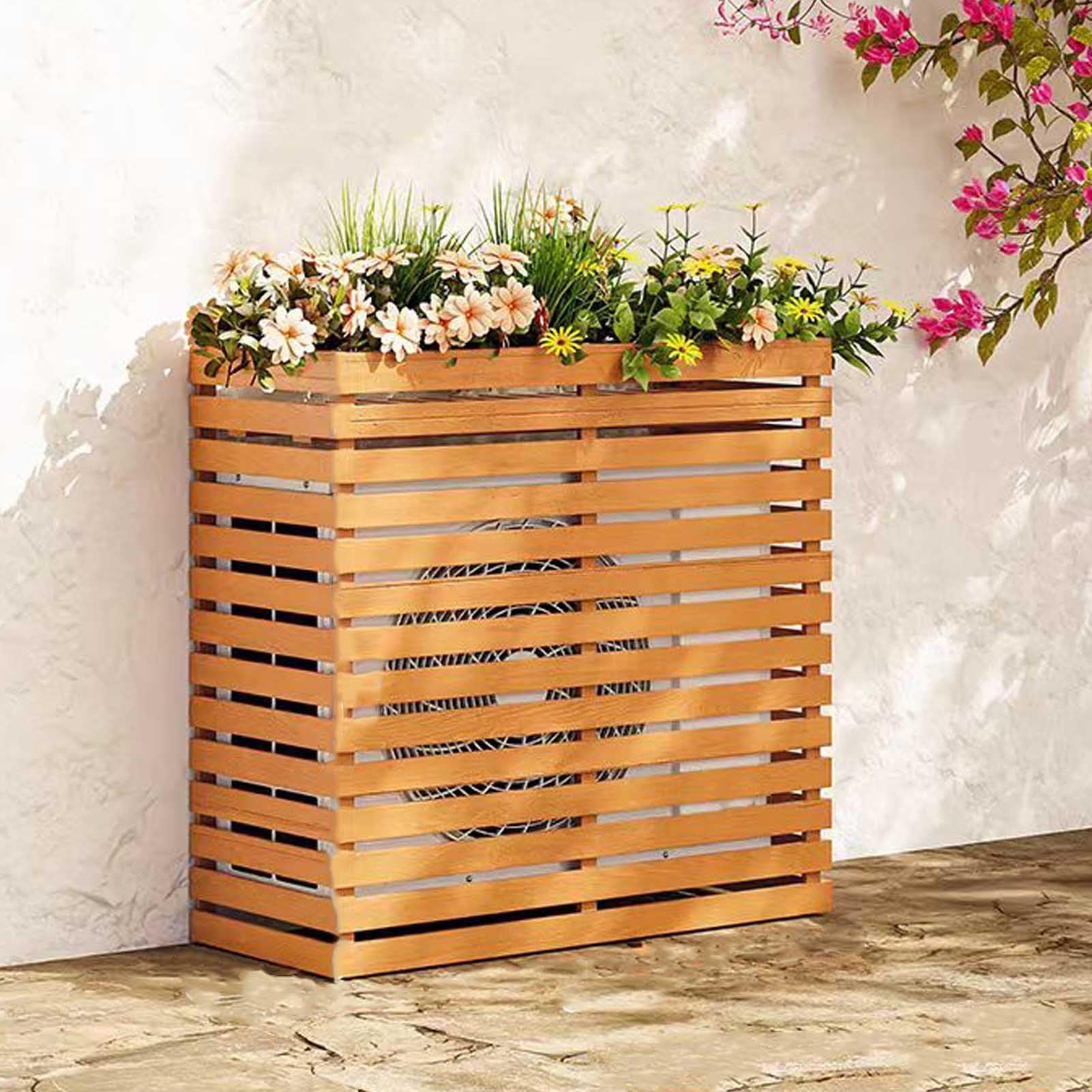 Cachez votre clim avec ce porte-fleurs en bois résistant aux chocs