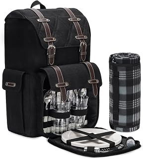 Picnic Backpack for 4 Person with Blanket and Cooler Bag, All-in-One Portable Picnic Bag with Cutlery Set, Picnic Basket Set with Wine Pouch, Perfect for Camping, Beach and Wedding Gift