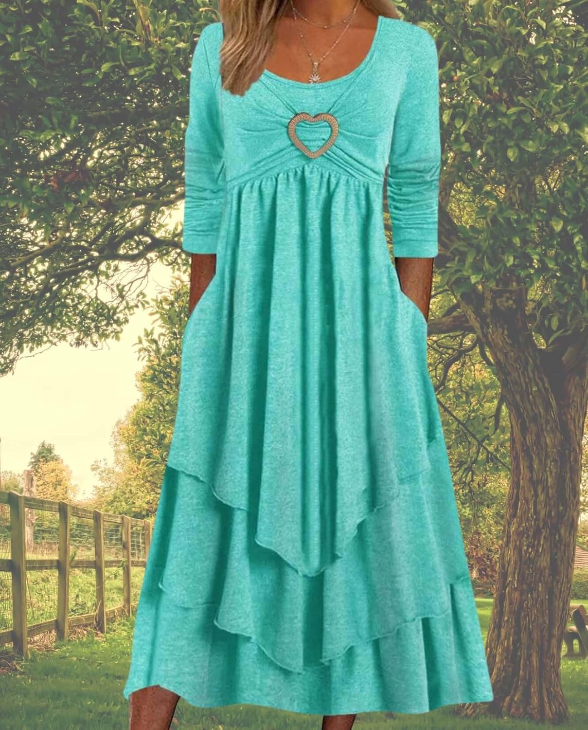 Wedding Guest Dress for Women Heart Tiered Irregular Hem Swing A Line Flowy Casual Maxi Dresses with Pockets - Image 2