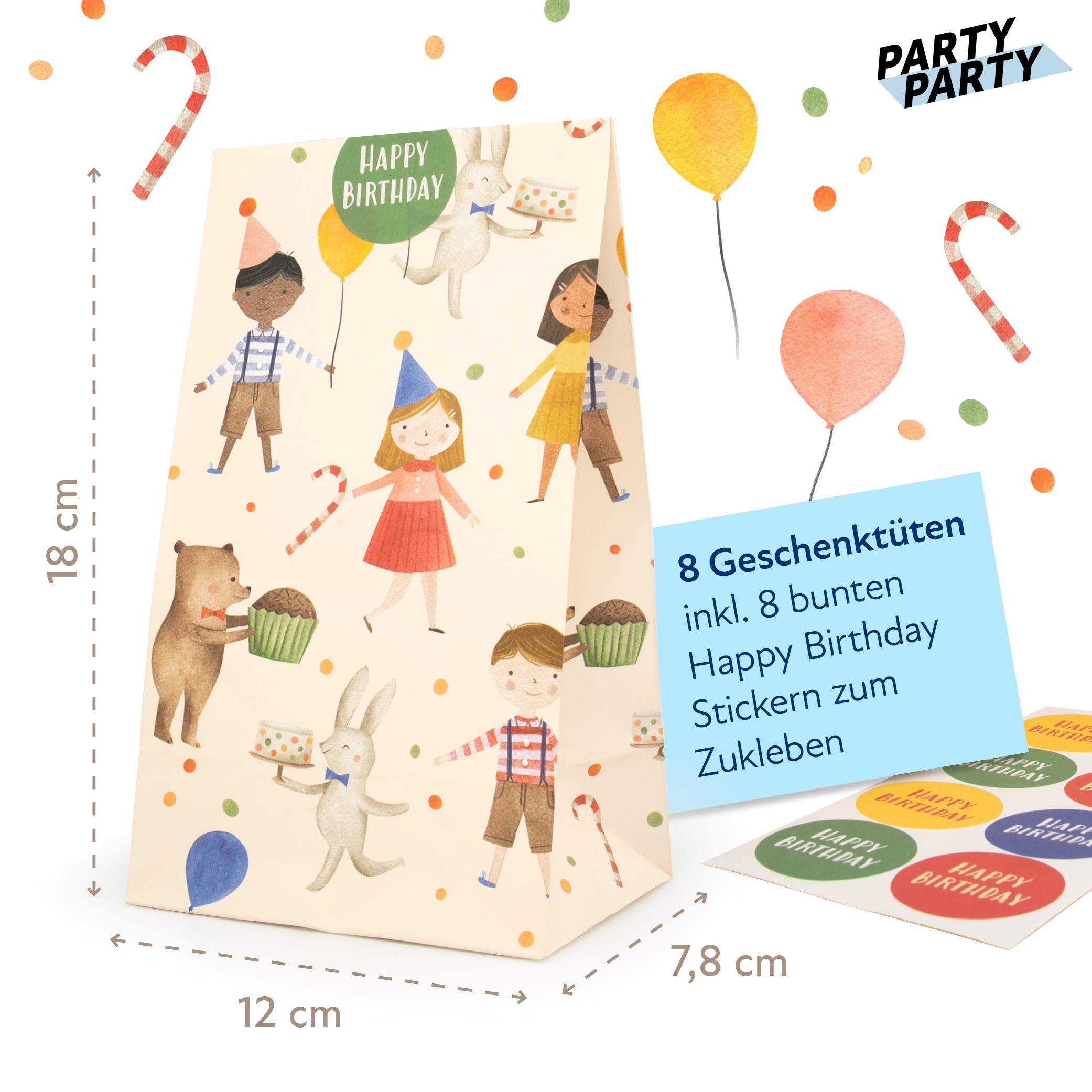 8x Partytüten *FRITZ FLANKE* Plus Sticker – Buntes Geburtstagsset Für Kinderfeiern